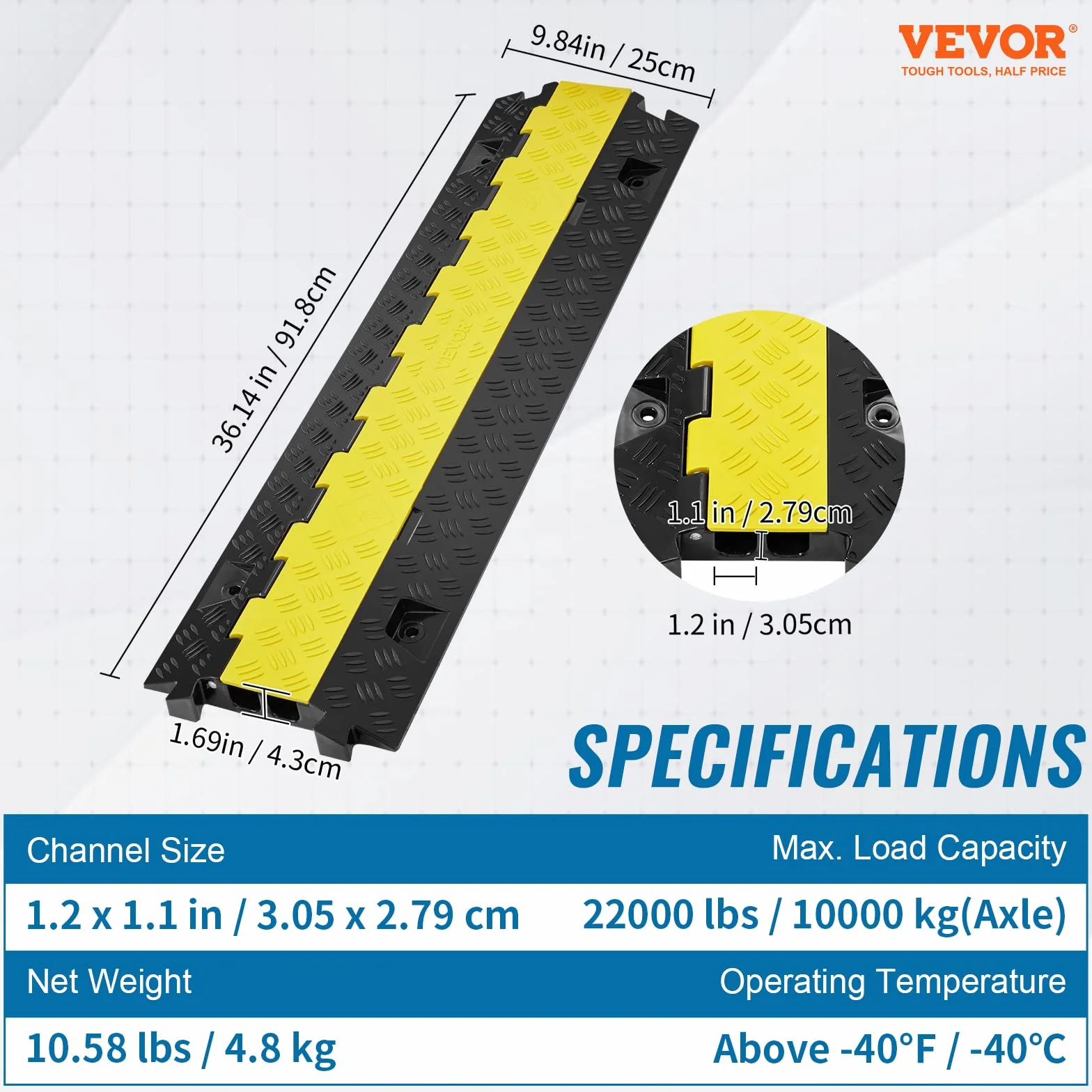 VEVOR Rampa de Protección de Cable 1 Pieza 2 Vías Canaleta Pasacables de Suelo 3,05 x 2,79 cm Protector de Cables de TPU y TPR Carga de 10,000 kg/Eje Cubiertas de Suelo para Cables Negro y Amarillo