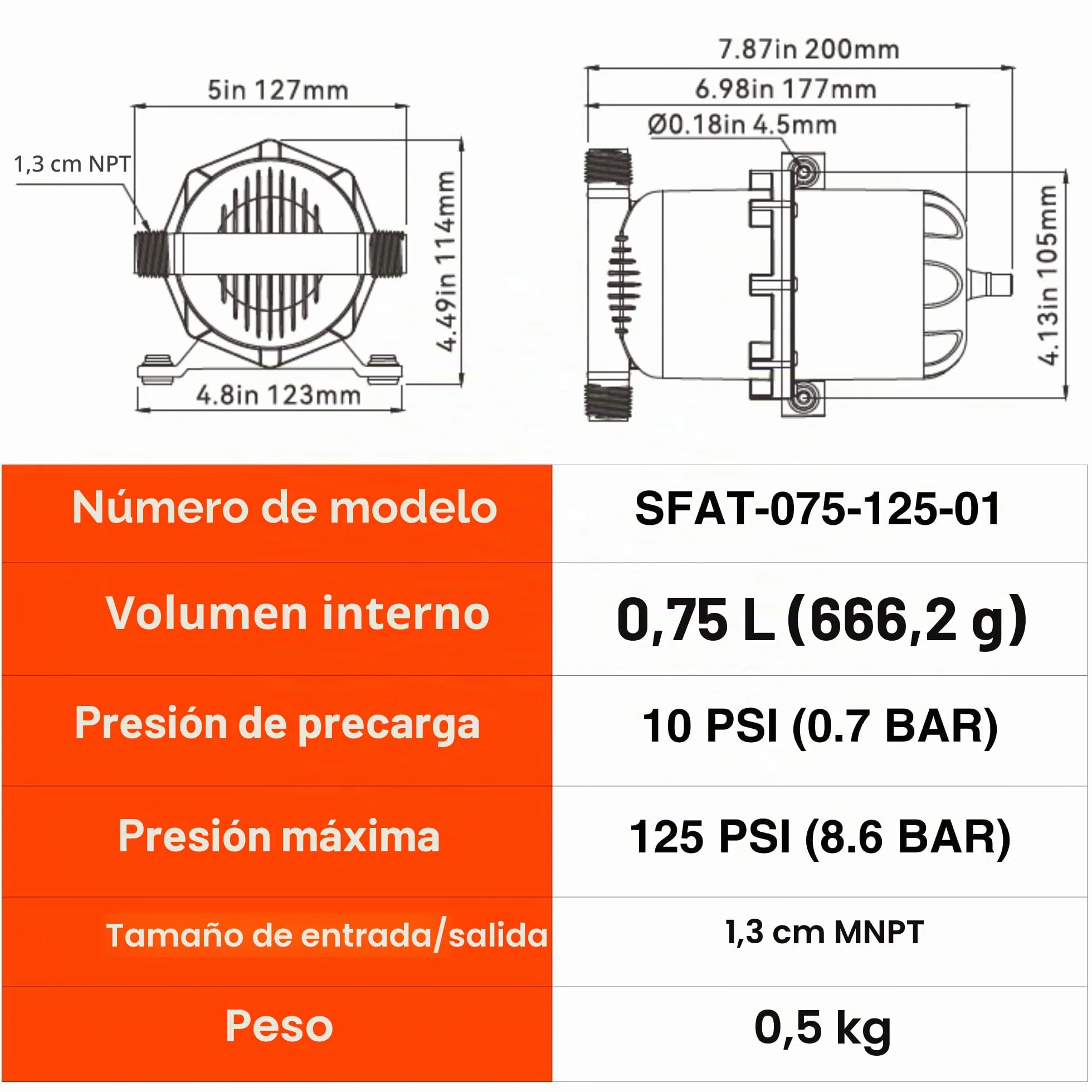 Seaflo - Tanque acumulador presurizado 0.75/1.0 litros