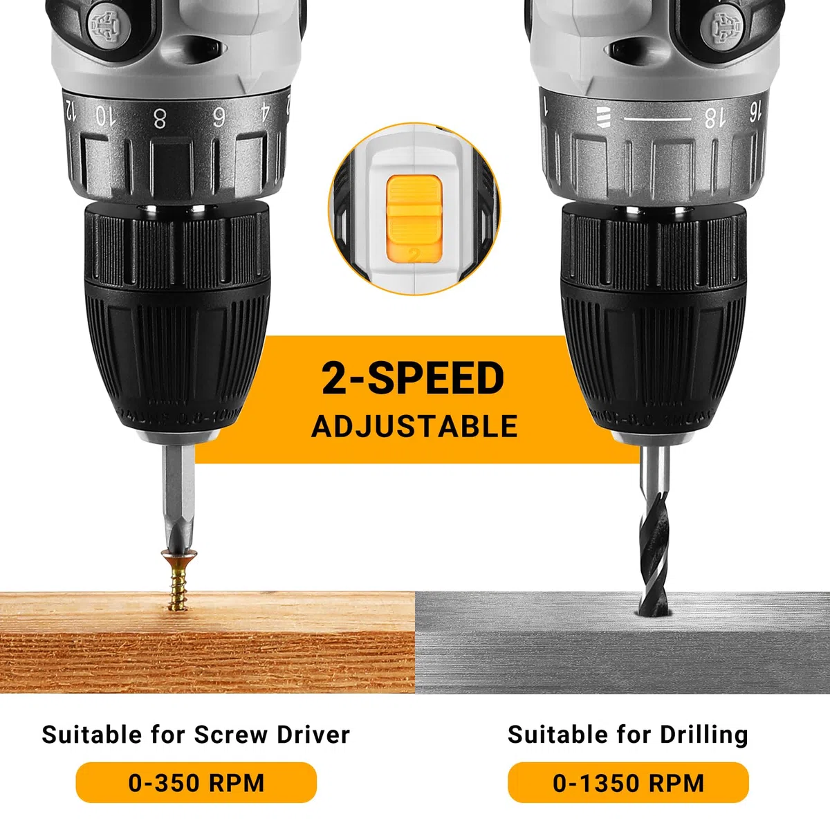 Taladro Atornillador Inalámbrico 20V, DEKOPRO Taladro Atornillador Bateria con 2 Baterías de 2,0 Ah y Cargador, 40 Nm, 2 Velocidad y LED, Adecuado para Bricolaje en Casa y Jardín,Gris