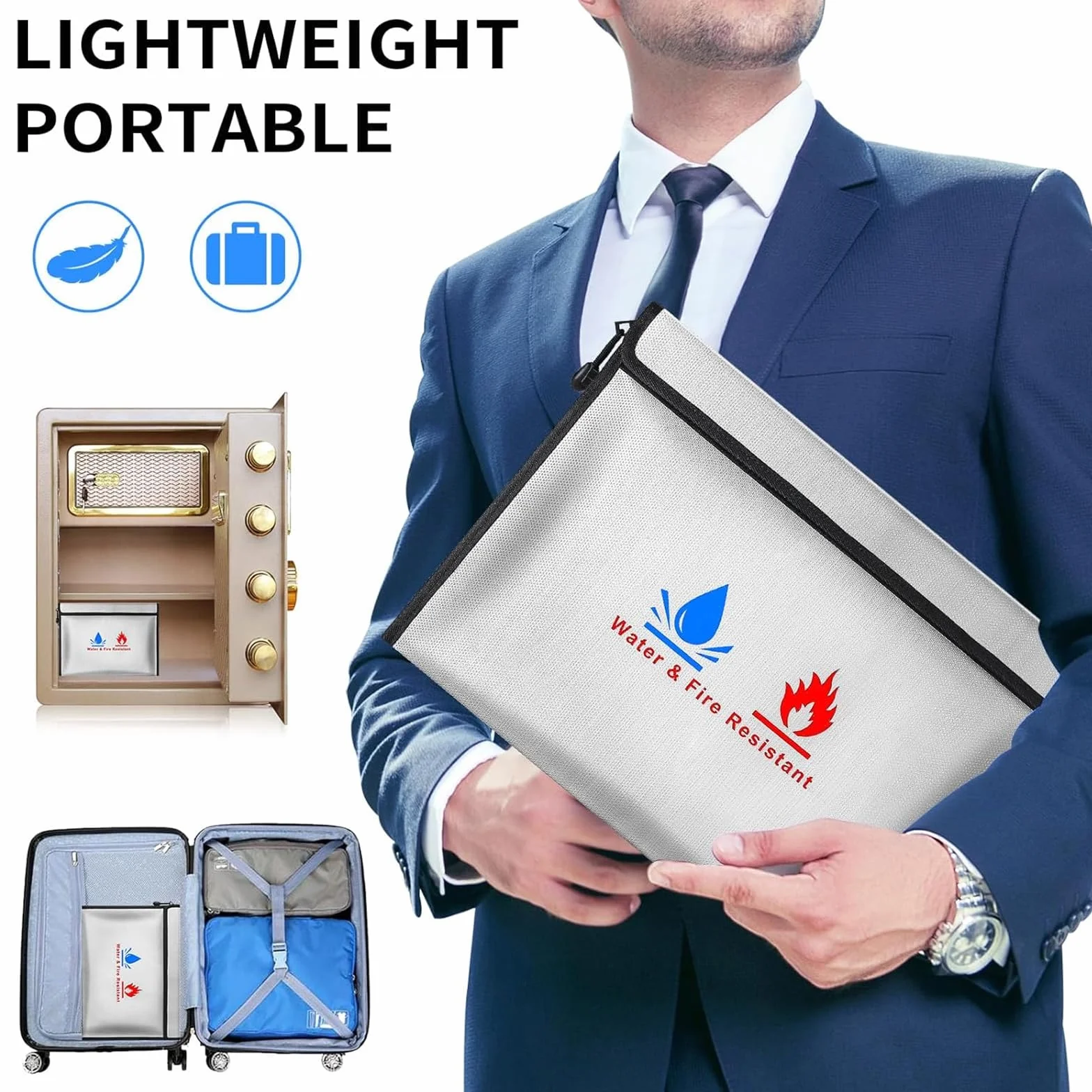 Bolsa de archivo ignífugo de 3 piezas,material de fibra de vidrio de doble capa - bolsa de almacenamiento de seguridad ignífuga e impermeable para proteger objetos de valor, pasaportes, documentos