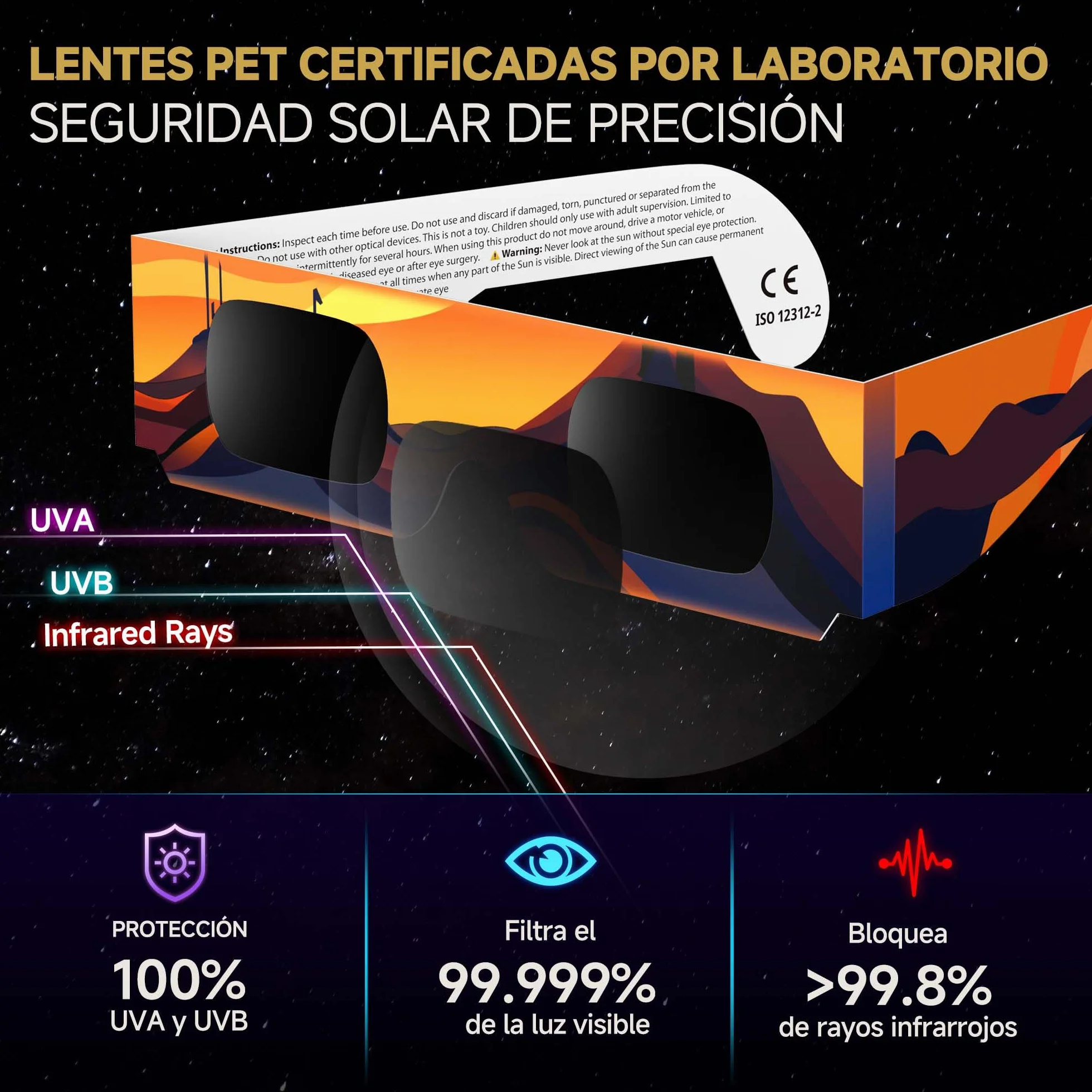 Gafas Eclipse Solar Homologadas ISO 12312-2 Certificación CE - 3 Paquete