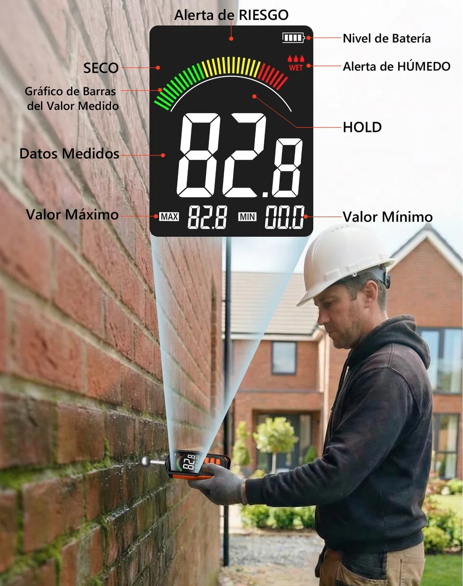 Medidor de Humedad para Pared y Madera, Sin Pines Profesional Detector de Humedad No Destructivo con Sonda Esférica Escaneo Profundo 40 mm, Alarma Sonora para Hormigón, Casa y Autocaravanas