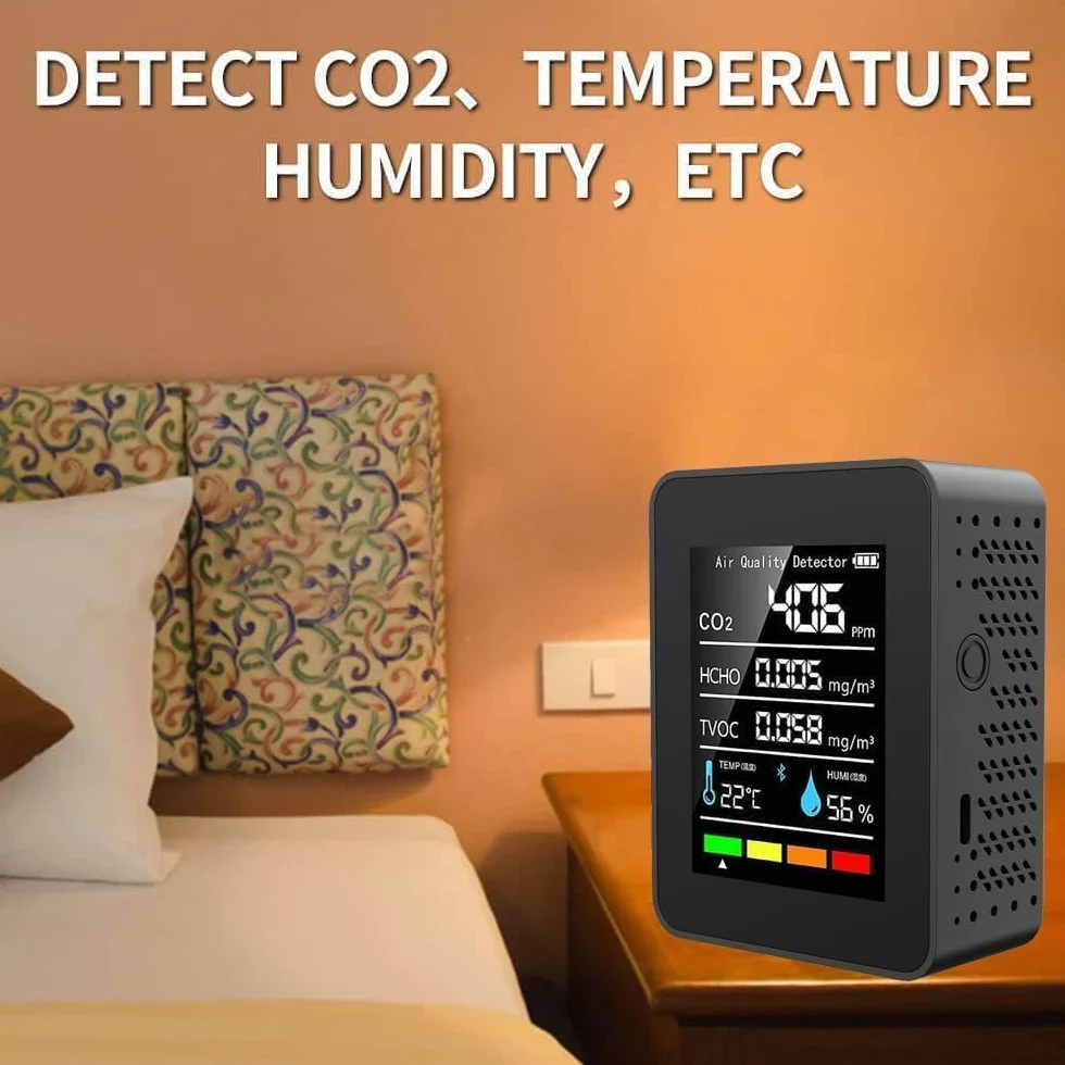 Medidor CO2 Detector CO2 Gas, 5 en 1 Detector de CO2 con Pantalla LED Medidor de Humedad y Temperatura TVOC HCHO Dormitorio Oficina Coche