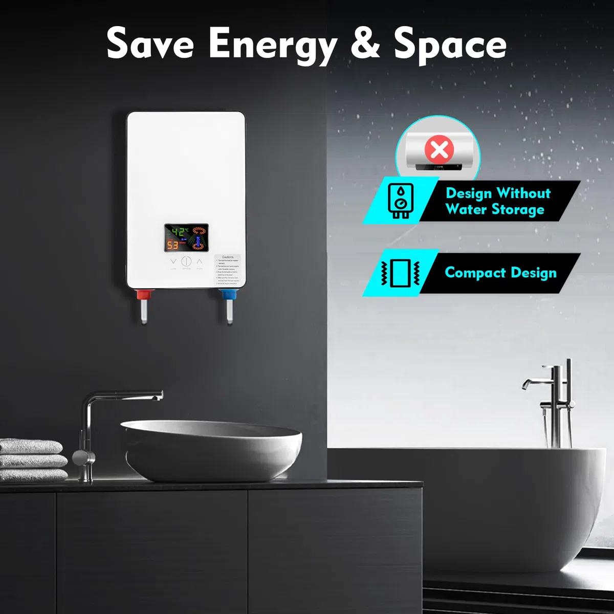 Calentador de agua eléctrico digital, 6500 W, sin tanque, para baños, peluquerías, hoteles, salones de belleza, escuelas, hospitales, 18,6 x 5,7 x 27,7 cm (blanco)