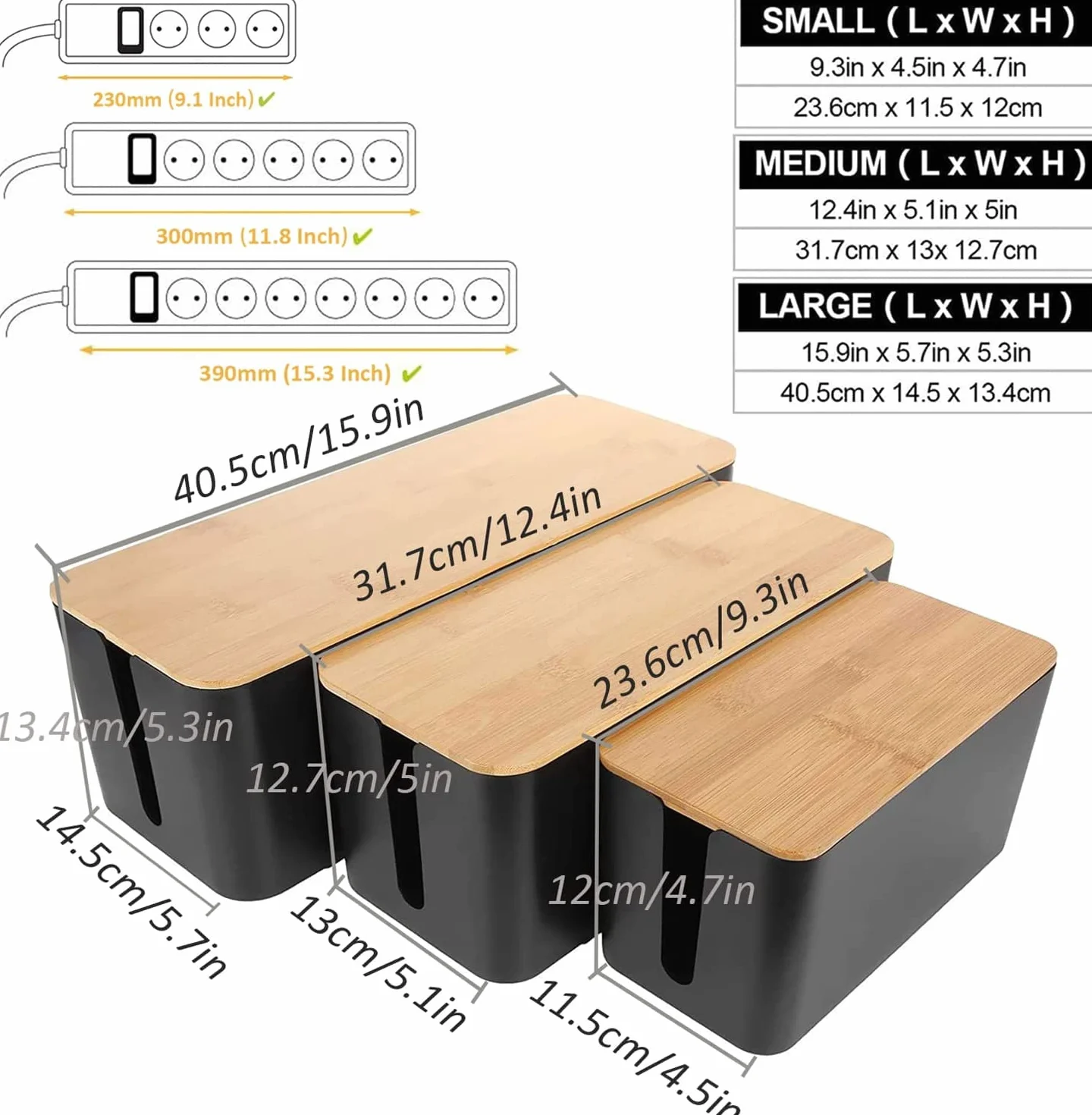 Caja Organizadora Cables con Tapa de Madera, 3 Piezas, Negra con Bridas, para Regletas Router Escritorio