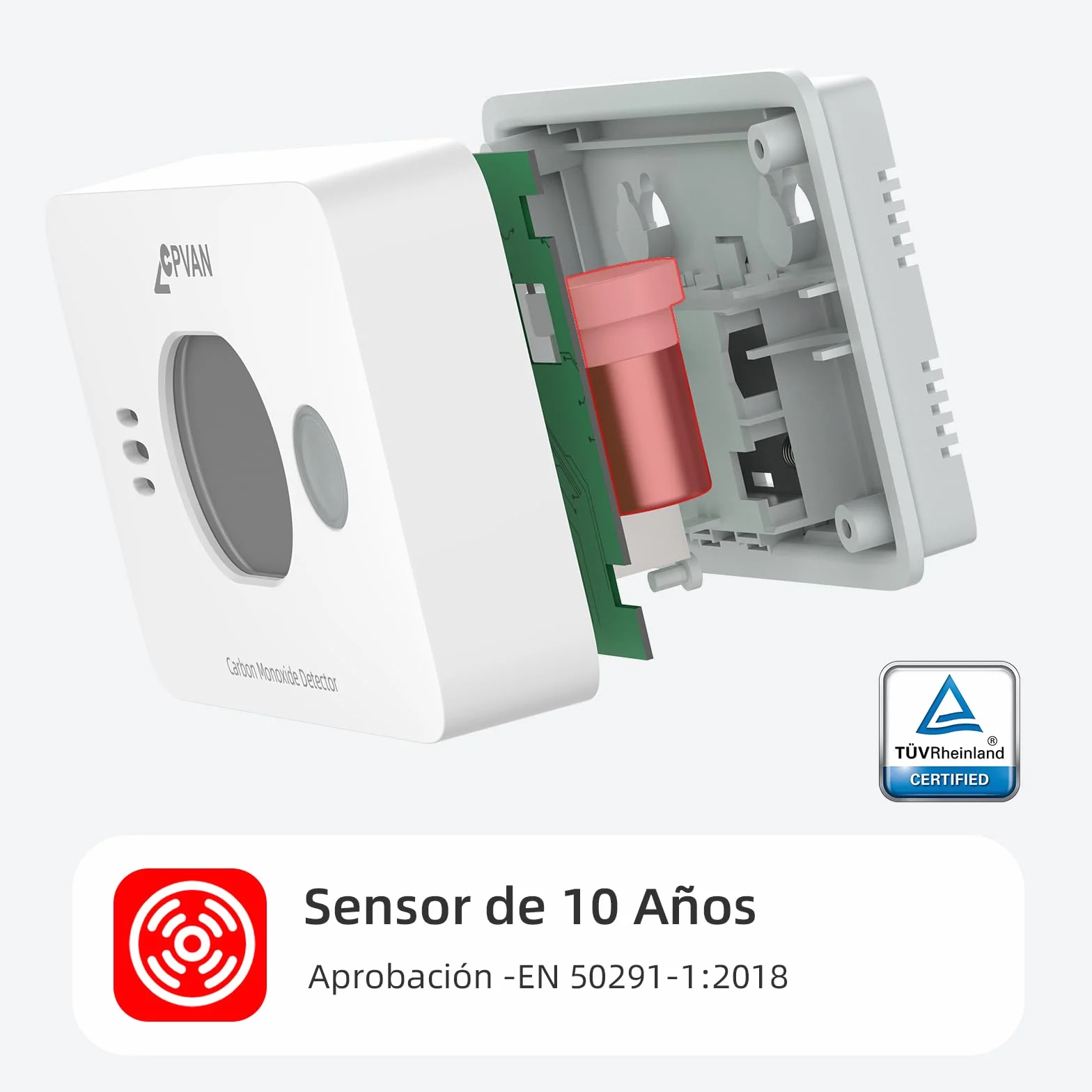 CPVAN Detector de Monóxido de Carbono 3 en 1, 10 Años CO Gas Alarma con Batería Reemplazable, Detector de CO con Temperatura y Humedad, Norma Europea EN50291