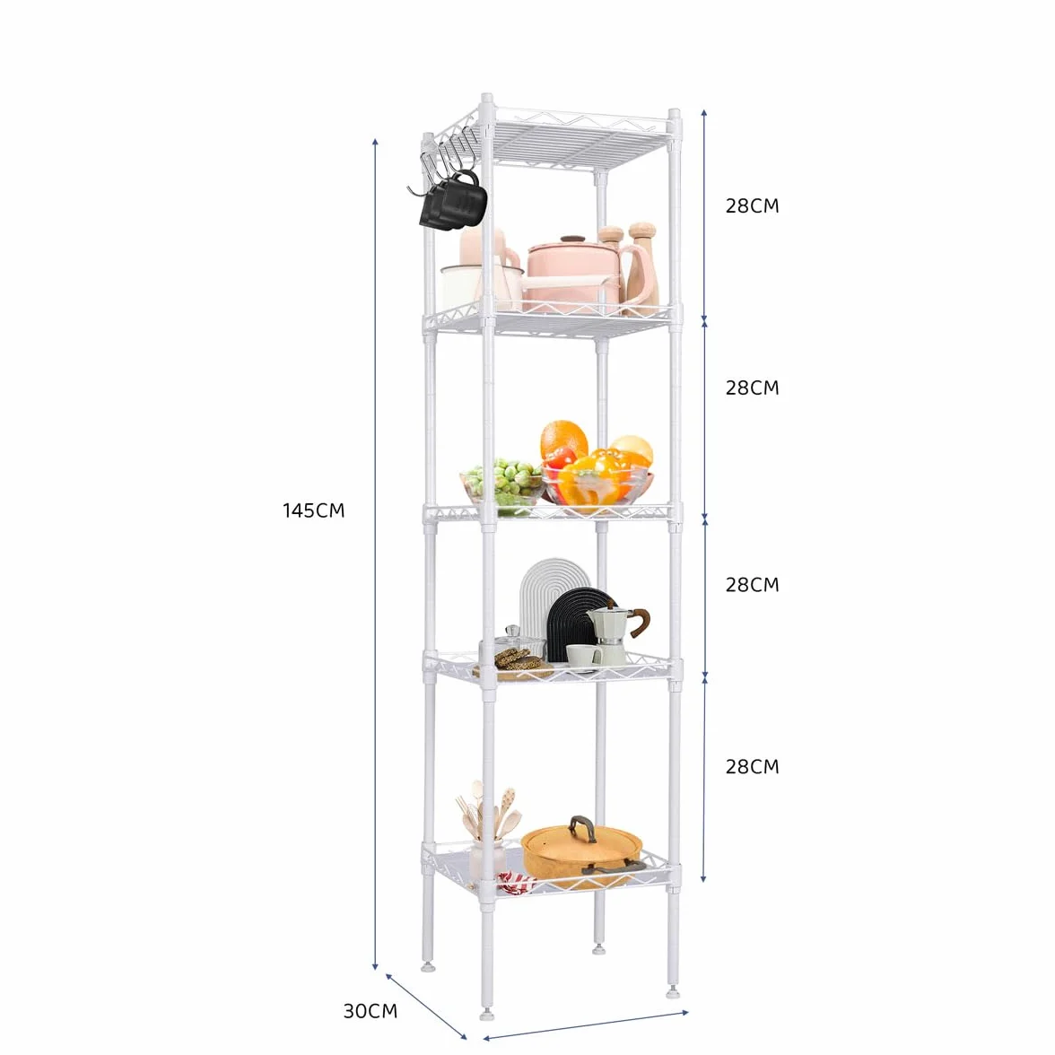 Estantería metálica blanca 5 baldas ajustables con ganchos laterales | 145x30x30cm | Estante almacenamiento resistente para cocina, despensa, baño, garaje u oficina | Montaje fácil sin tornillos