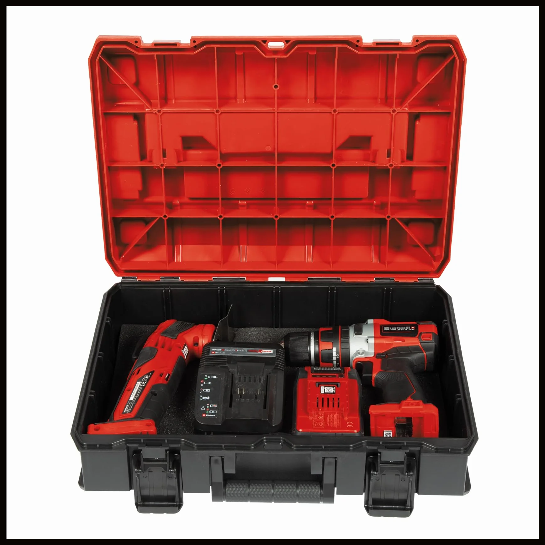 Einhell Maletín E-Case (System Box) espuma (sistema de enclavamiento, 2 insertos de espuma, diseño protegido contra salpicaduras de agua, resistencia al calor y al impacto, 2 agarres plegables)