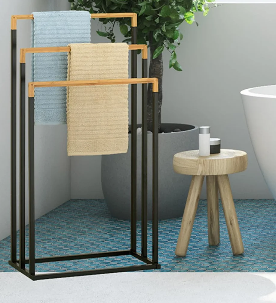 Toallero de Pie de Bambú y Metal Triple, Soporte para Baño, 45x21.5x76cm