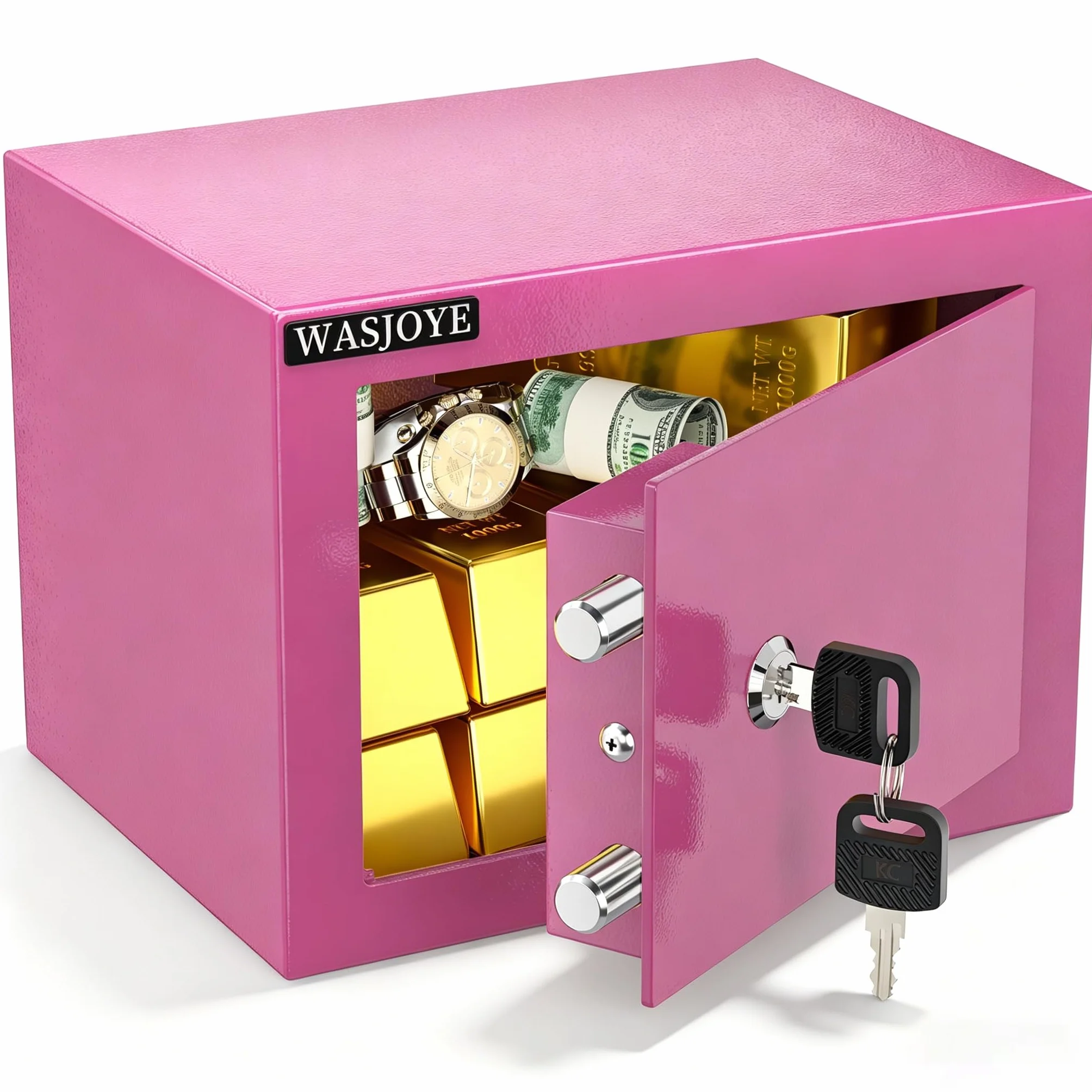 WASJOYE Caja Fuerte Pequeña -23 * 17 * 17cm Caja Fuerte Niños Caja Fuerte con llave - Rosa Pequeña Caja Fuerte para el Hogar, Negocios, Oficinas, Dinero, Joyas, Pasaportes, 6.5L