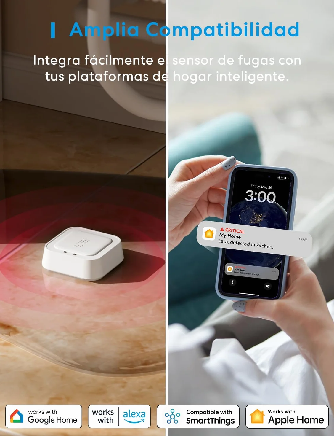 Meross Detector de Agua Inteligente | Requiere Hub | Detector de Fugas de Agua IP66 y 100 dB | Smart Detector de Agua para cocinas, baños, sótanos | Compatible con Apple Home, Alexa y Google | 2,4GHz