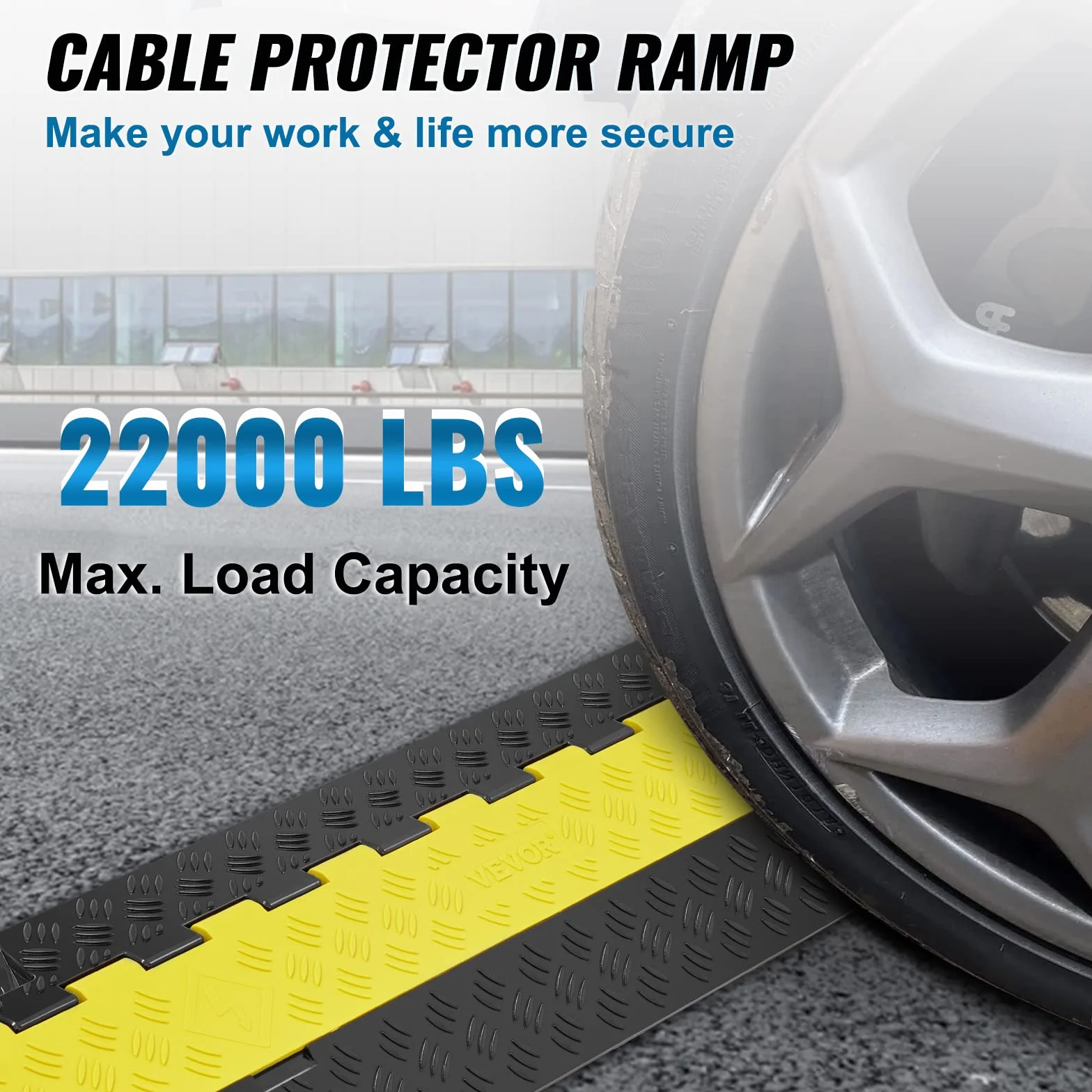 VEVOR Rampa de Protección de Cable 1 Pieza 2 Vías Canaleta Pasacables de Suelo 3,05 x 2,79 cm Protector de Cables de TPU y TPR Carga de 10,000 kg/Eje Cubiertas de Suelo para Cables Negro y Amarillo