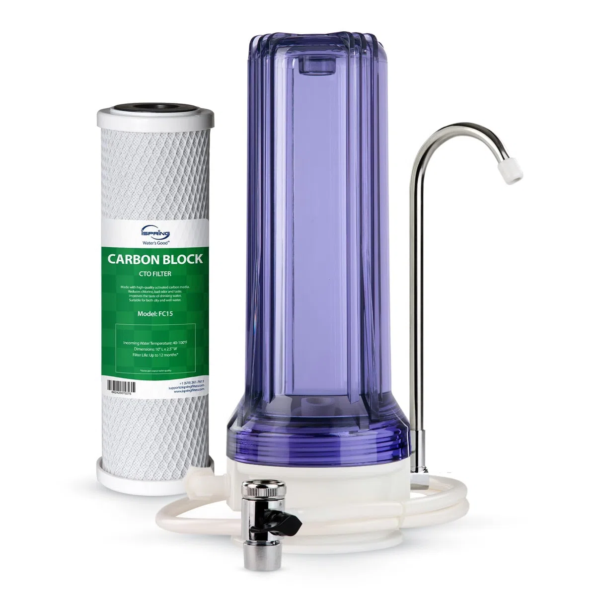 iSpring CKC1C Sistema de Filtración de Agua Potable para Encimera con Filtro de Carbón, 2.5" x 10", Transparente