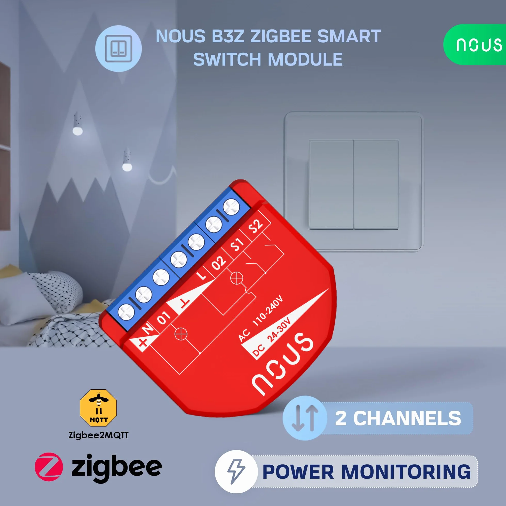 NOUS Módulo de Interruptor Inteligente ZigBee con Medición de Potencia, 2 Canales, AC 16A/DC 10A, Contactos Secos, Compatible con Alexa, Zigbee2MQTT, Google Assistant, Home Assistant, Tuya
