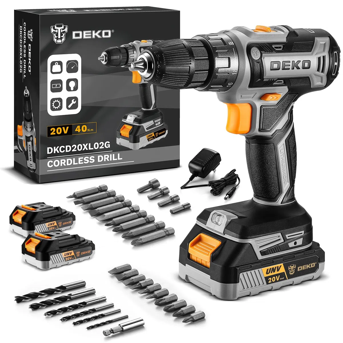 Taladro Atornillador Inalámbrico 20V, DEKOPRO Taladro Atornillador Bateria con 2 Baterías de 2,0 Ah y Cargador, 40 Nm, 2 Velocidad y LED, Adecuado para Bricolaje en Casa y Jardín,Gris