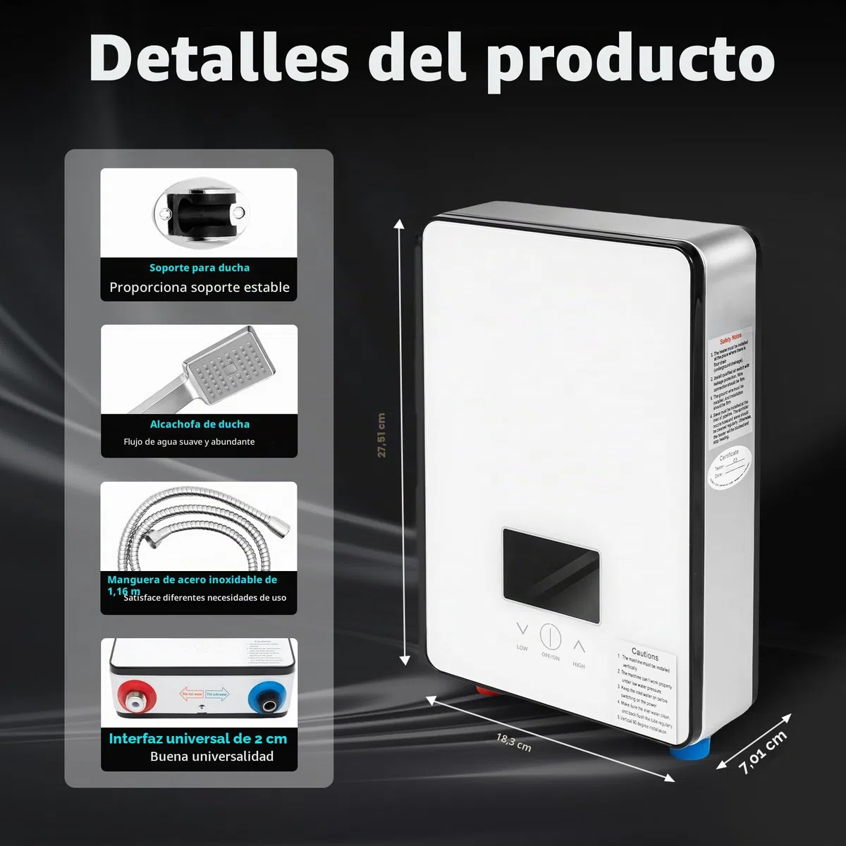 Calentador de agua eléctrico digital, 6500 W, sin tanque, para baños, peluquerías, hoteles, salones de belleza, escuelas, hospitales, 18,6 x 5,7 x 27,7 cm (blanco)