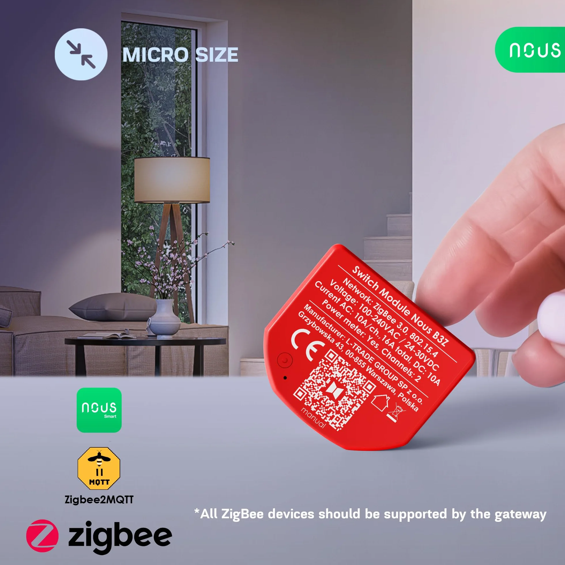 NOUS Módulo de Interruptor Inteligente ZigBee con Medición de Potencia, 2 Canales, AC 16A/DC 10A, Contactos Secos, Compatible con Alexa, Zigbee2MQTT, Google Assistant, Home Assistant, Tuya