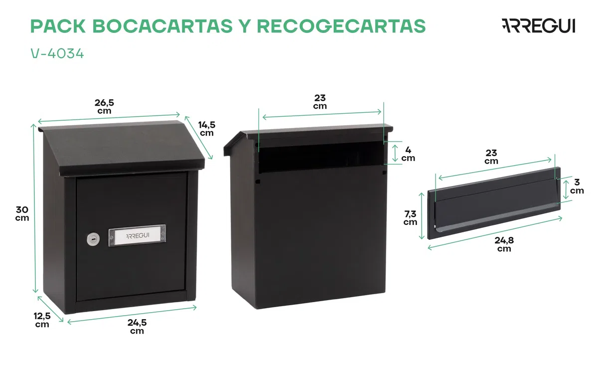 ARREGUI V4034 Pack Bocacartas + Buzón Recogecartas de Acero Para Puertas o Verjas en el Exterior, Buzón Exterior, Bocacartas de Boca 23x3 cm, Tamaño S (DIN A5), Fácil de Instalar, Negro Texturado