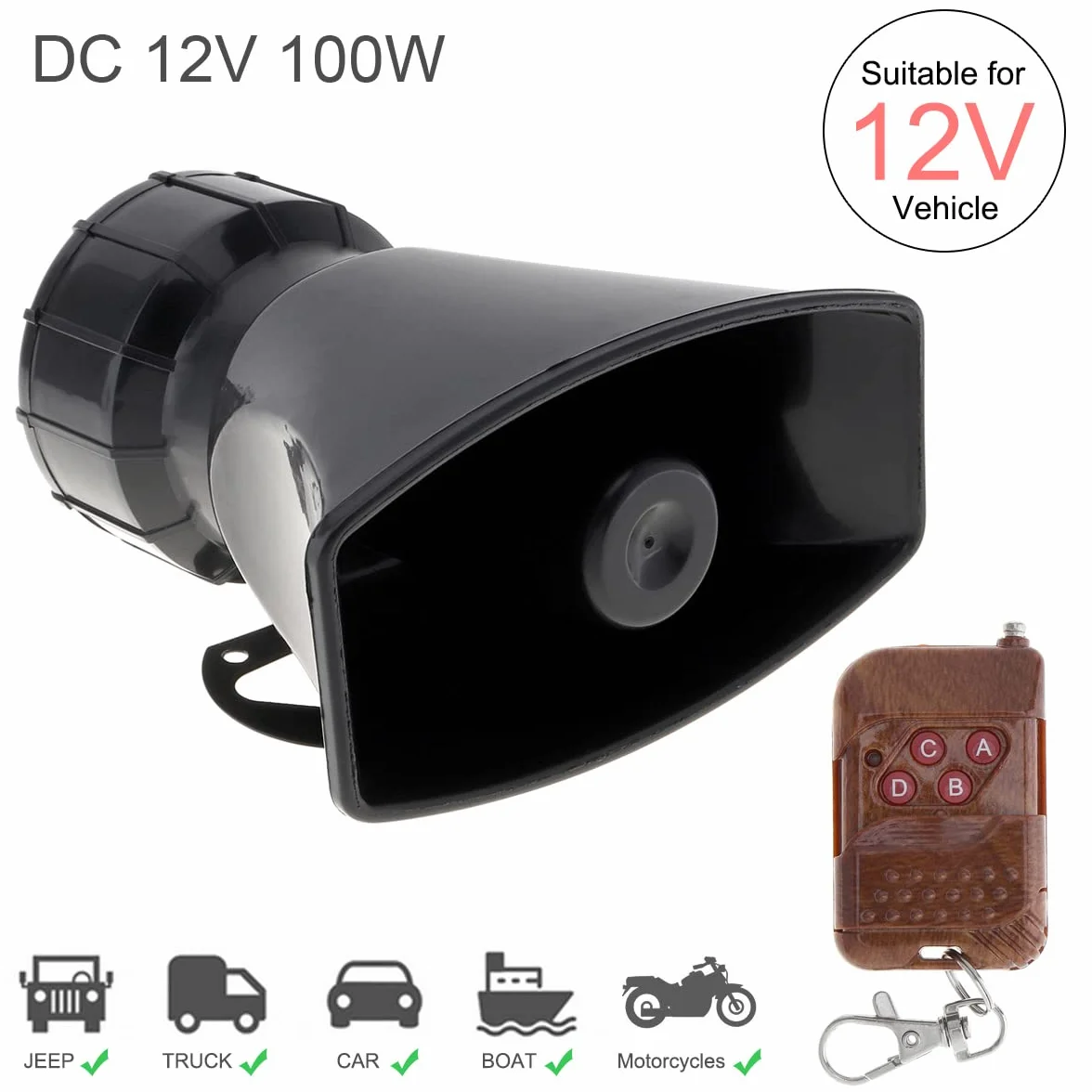 Alarma de coche 12V 100W con 7 sonidos fuertes, bocina de sirena de bomberos con mando a distancia marrón