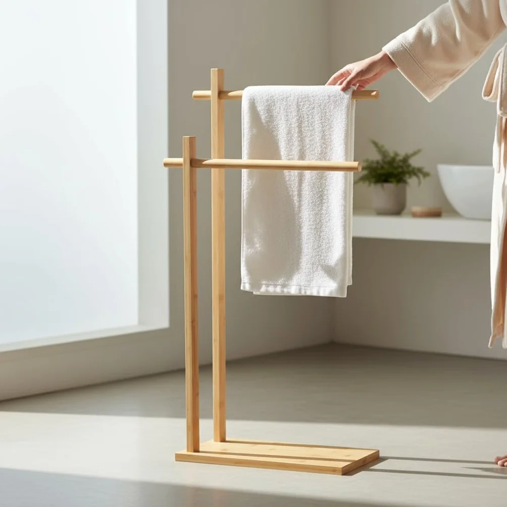 Toallero de pie portátil de madera bambú con 2 porta toallas de barras para baño
