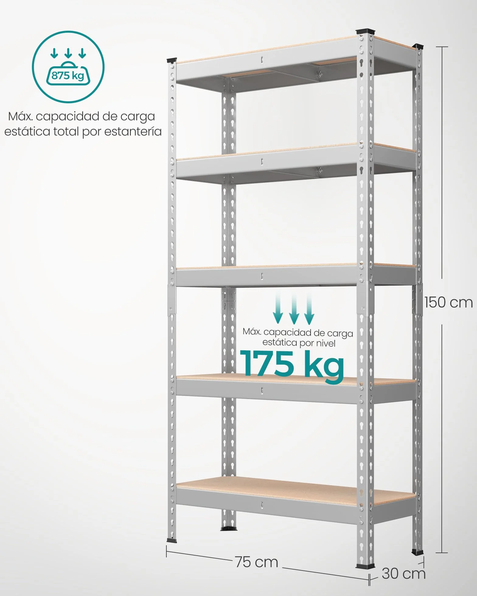 SONGMICS Estantería de 5 Niveles, Estantería de Almacenamiento, Montaje sin Tornillos, Estantes Ajustables, 30 x 75 x 150 cm, Carga de 875 kg, para Garaje, Cobertizo, Bodega, Plata GLR300E01