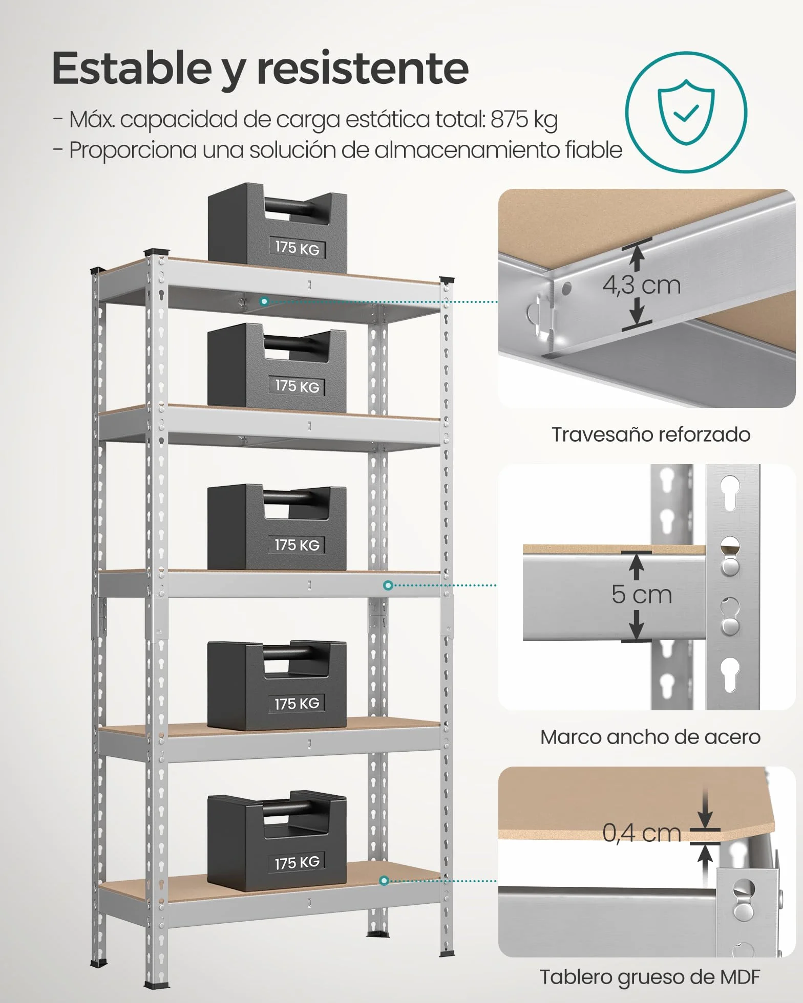 SONGMICS Estantería de 5 Niveles, Estantería de Almacenamiento, Montaje sin Tornillos, Estantes Ajustables, 30 x 75 x 150 cm, Carga de 875 kg, para Garaje, Cobertizo, Bodega, Plata GLR300E01