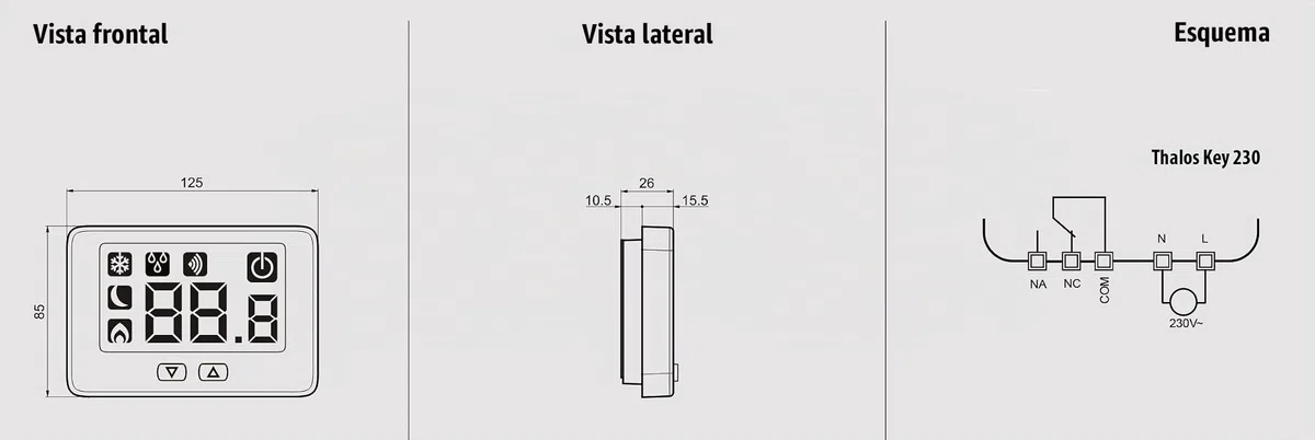 VEMER VE720900 THALOS Key - Termostato de Ambiente de Pared para Calefacción y Aire Acondicionado, Pantalla LCD, Teclado de 2 Teclas, Alimentación 230V, Blanco