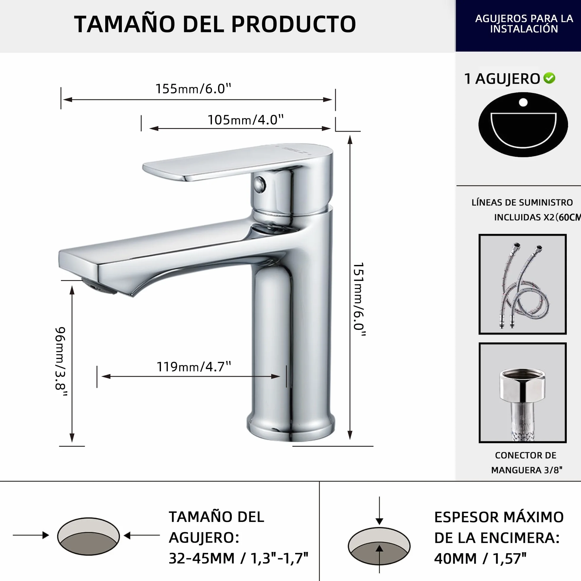 Grifo monomando de lavabo BELZ, cartucho cerámico, altura 96 mm, cromo