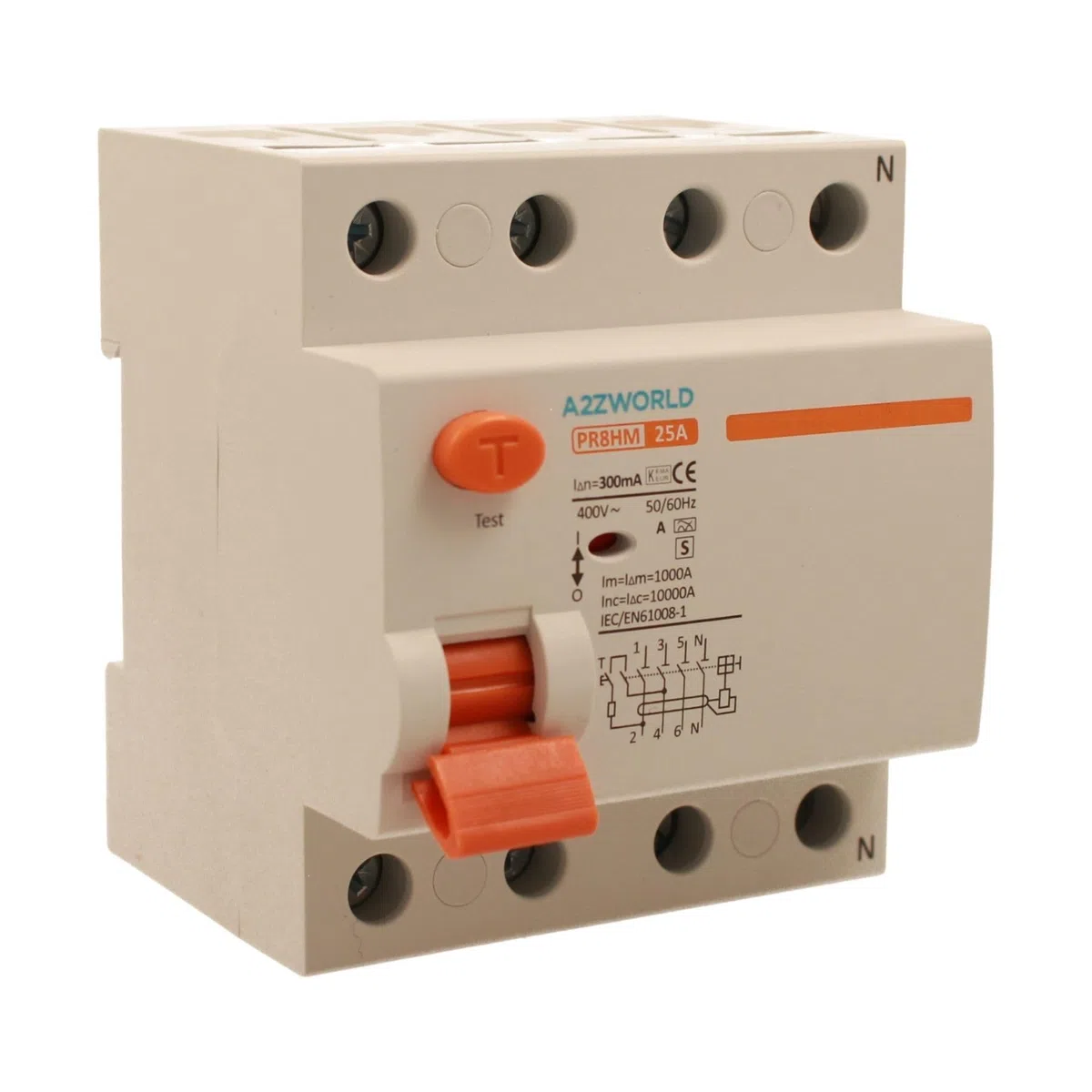Interruptor diferencial selectivo trifásico 25A, RCCB Tipo S Clase A, 3P+N 10kA 300mA, retraso 500ms, 4 módulos DIN 380V AC, Certificado IEC61008-1, Serie PR8HM electromagnético
