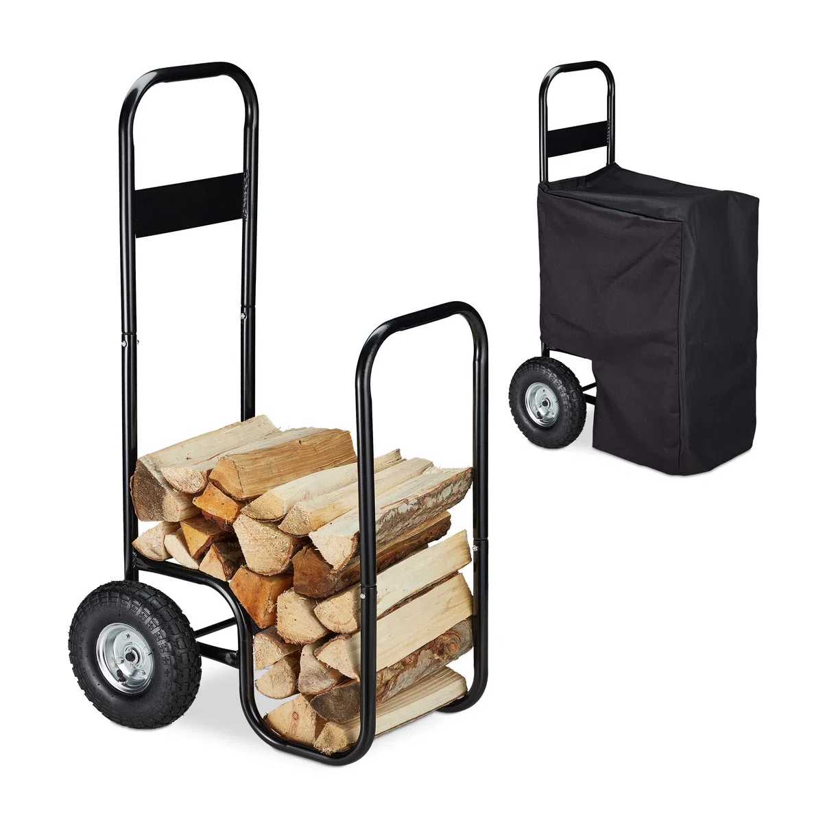 Relaxdays Carro para Leña con Ruedas, Carretilla Leños, Leñero con Funda Protectora, Acero, 60kg, para Almacenaje, Negro