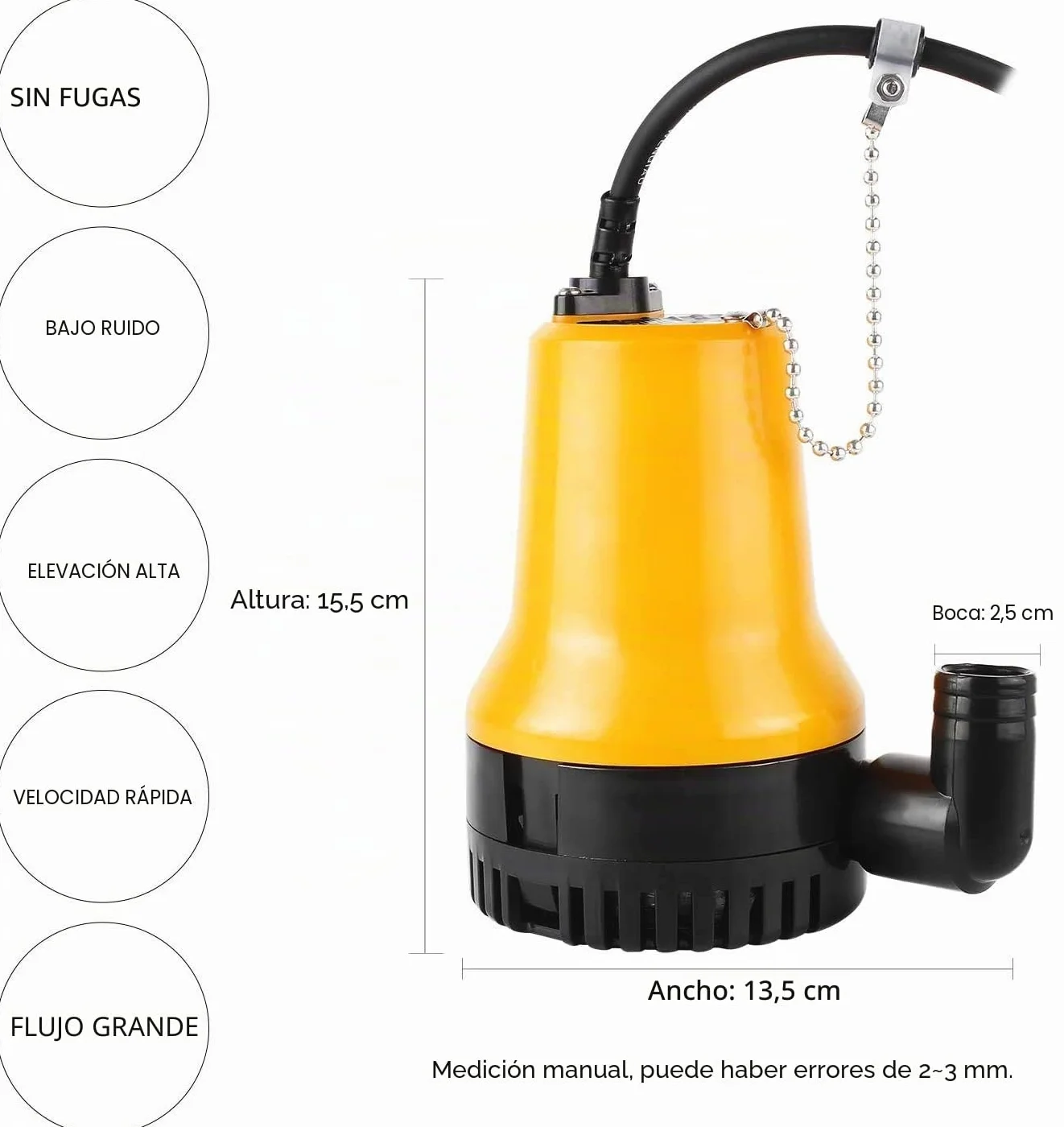 Bomba sumergible DC 12V 60W 3600L/h para estanque con cable 1,3 m