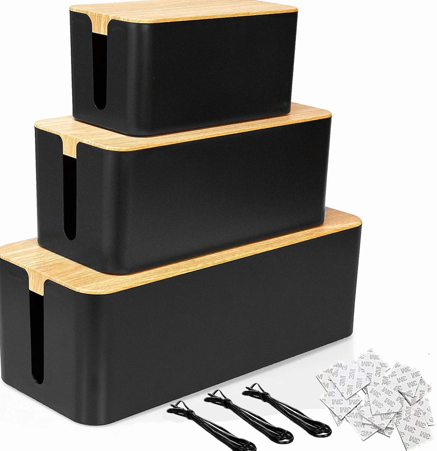 Caja Organizadora Cables con Tapa de Madera, 3 Piezas, Negra con Bridas, para Regletas Router Escritorio
