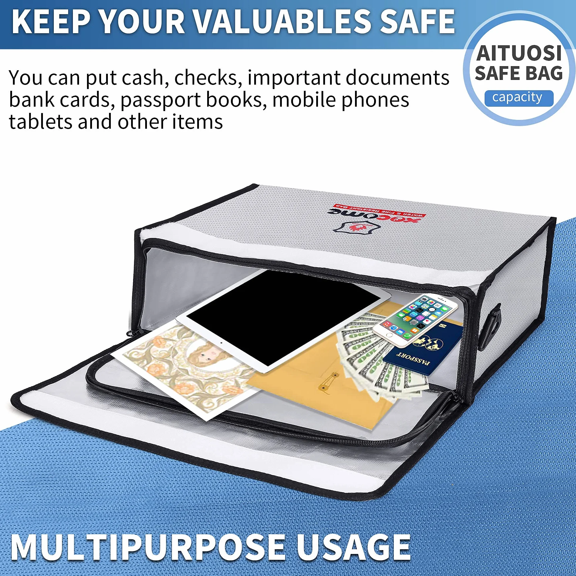 Bolsa de Documento Ignífuga y Impermeable,Bolsa de Batería Seguridad Anti Explosión resistentes al fuego, impermeables, para documentos A4, pasaporte, billetes, objetos de valor