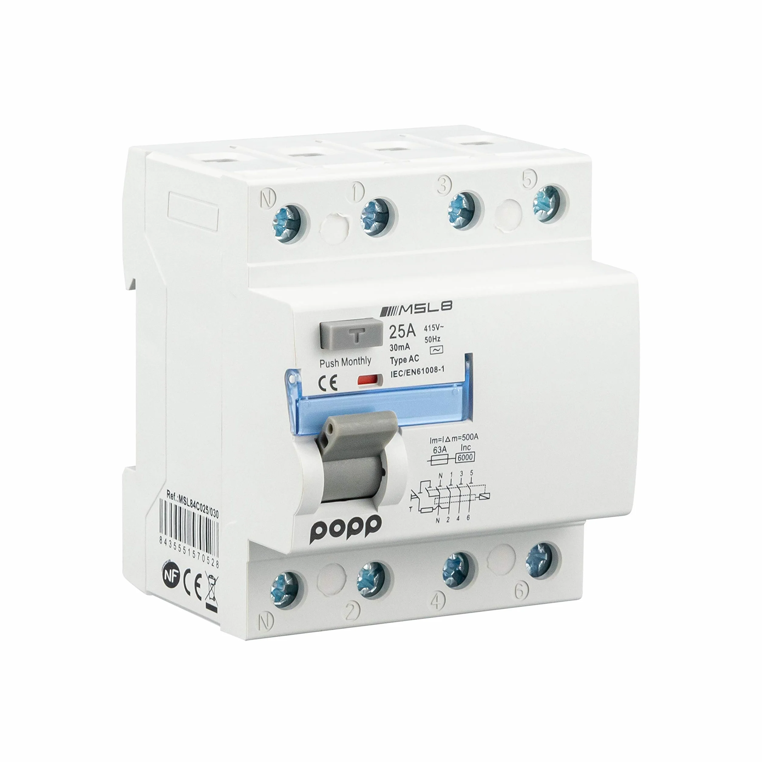 POPP® Electric Interruptor diferencial industrial TIPO AC corriente residual alterna 4 Polo 25A 30mA miliamperios SERIE MSL8 (3P+N, 25A 30mA)