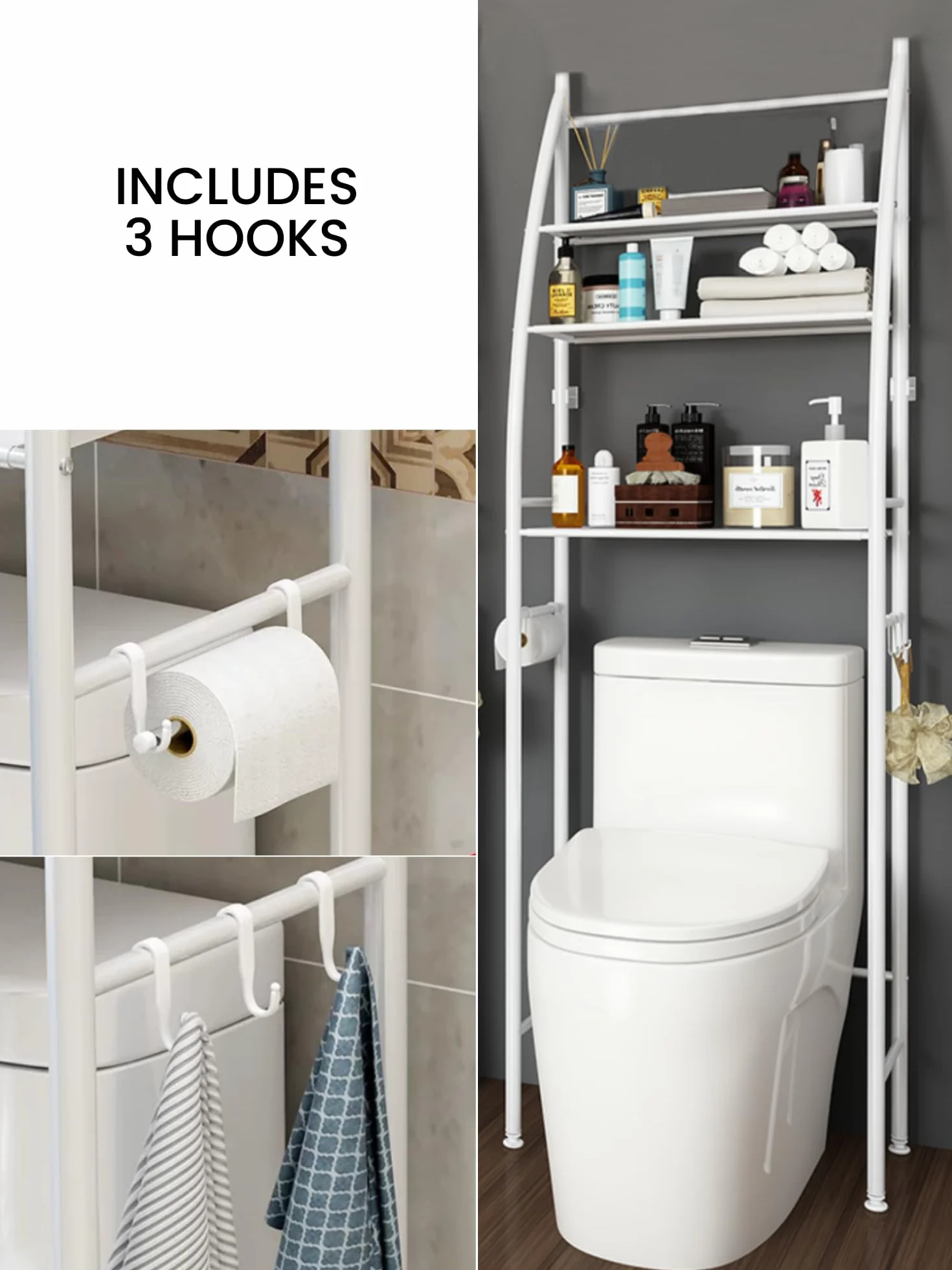 MAGIC SELECT Estantería de Baño sobre Inodoro Blanco 3 Baldas Impermeable Patas Ajustables