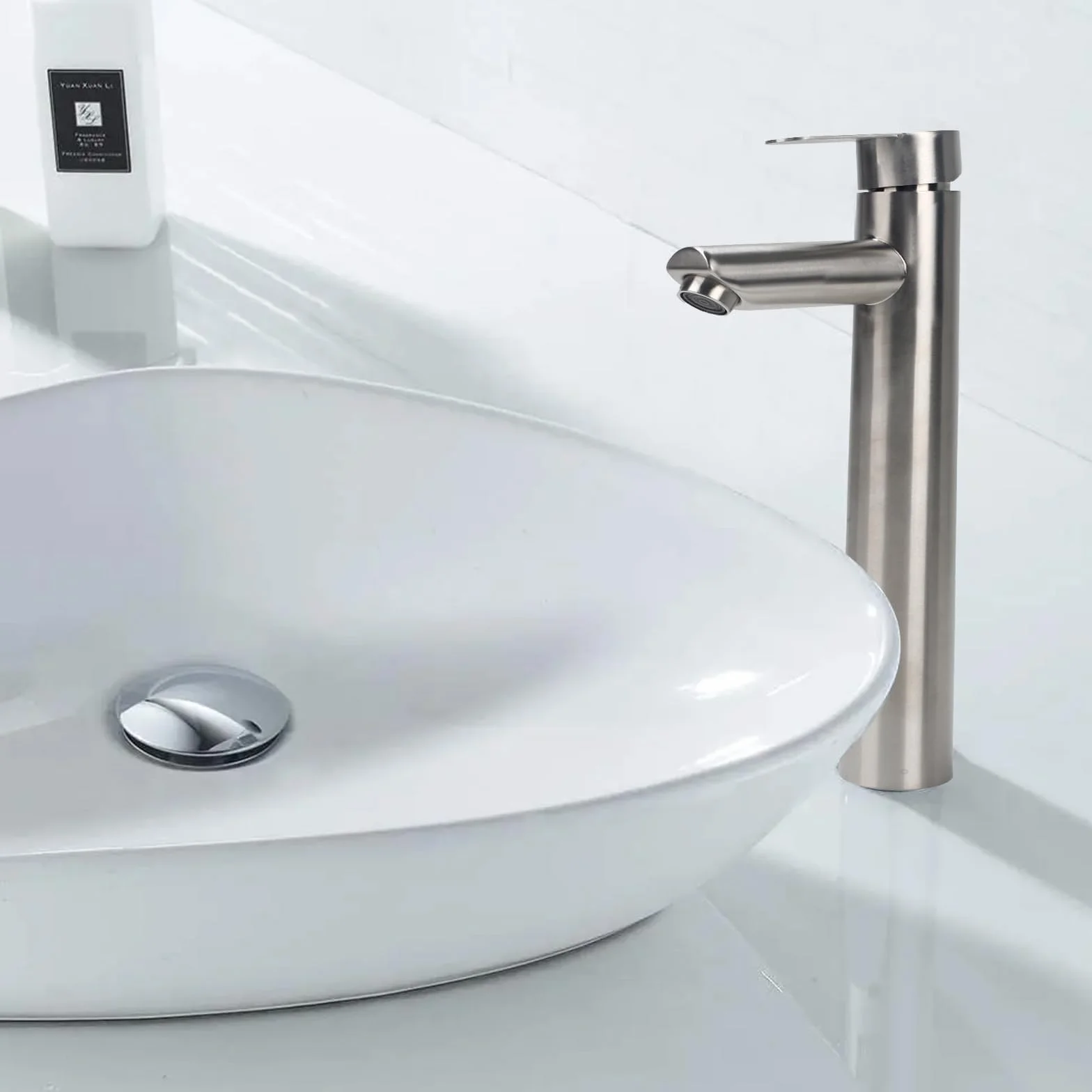 Grifo Alto de Lavabo Monomando para Baño - Mezclador de Acero Inoxidable con Control de Agua Fría y Caliente (Caño 200 mm)