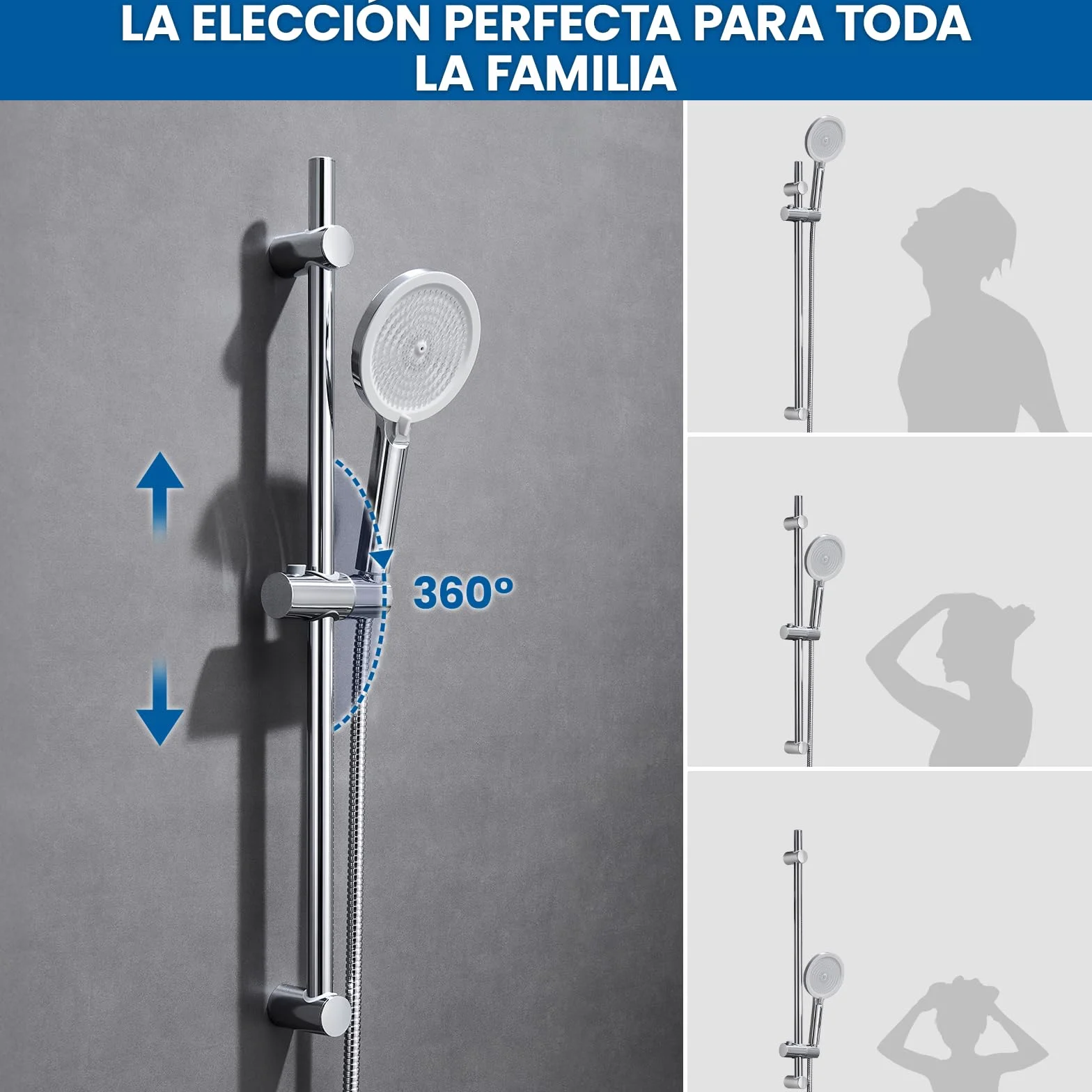 Auralum Barra Ducha,Conjunto Barra Ducha de Acero Inoxidable 70cm con Alcachofa de Ducha 4 Funciones, Manguera 150cm y Soporte Ajustable, Compatible con orificios Existentes, Cromo