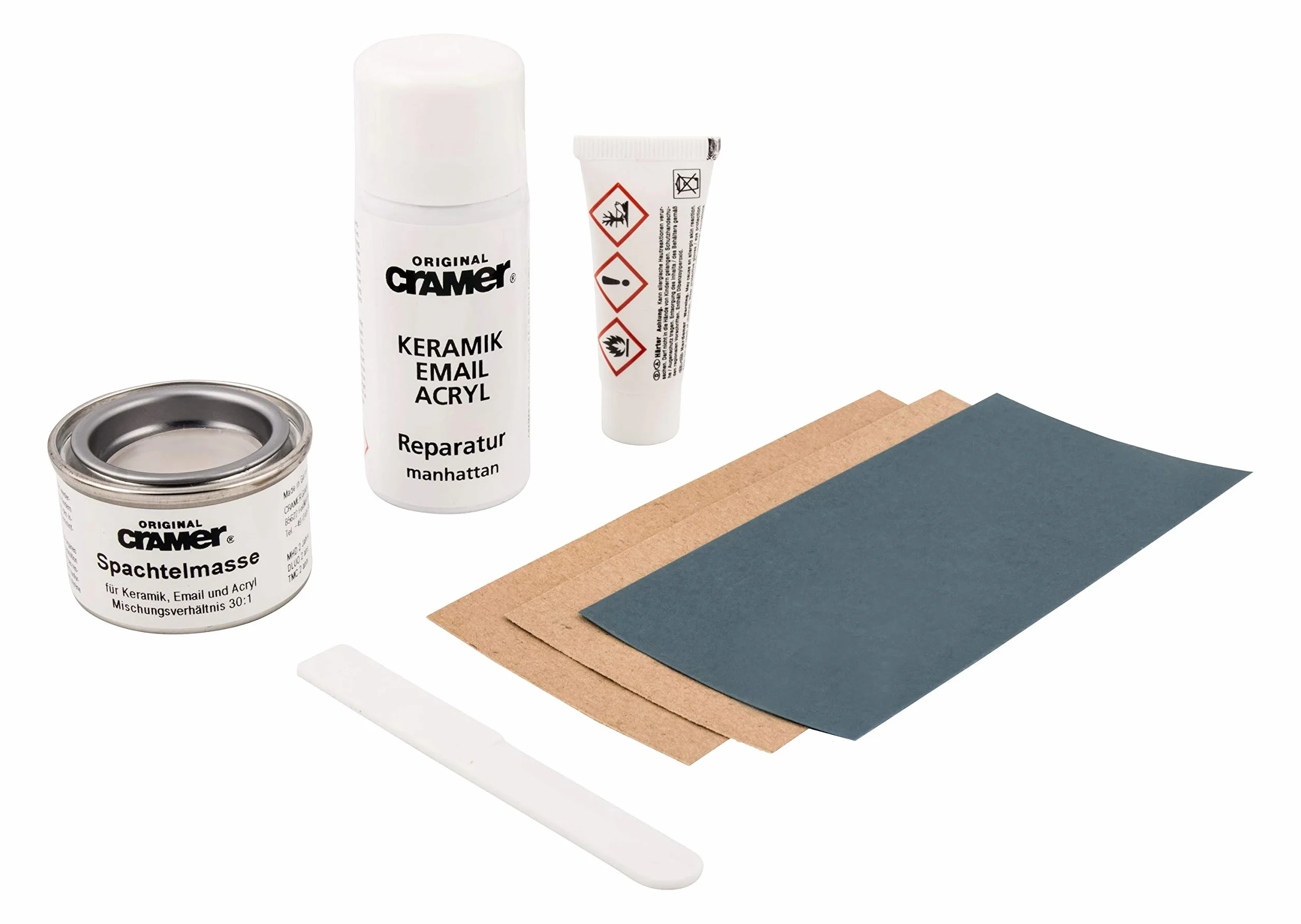 Cramer Kit de reparación de cerámica, esmalte y acrílico, color gris Manhattan CRA16850DE, para astillado y arañazos, juego de 2 componentes, endurecedor, pintura de reparación, espátula, abrasivo, 66106 5