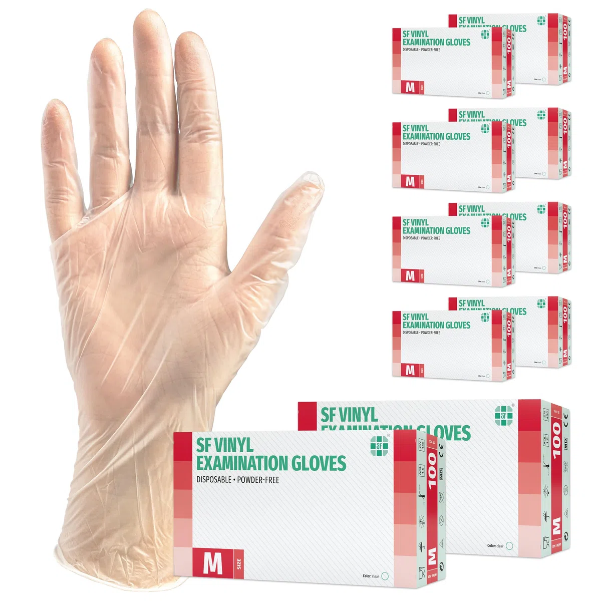 SF Guantes de vinilo desechables M transparentes – 1000 (10x100) unidades, sin polvo y sin látex, guantes desechables para limpieza, cocina y uso médico