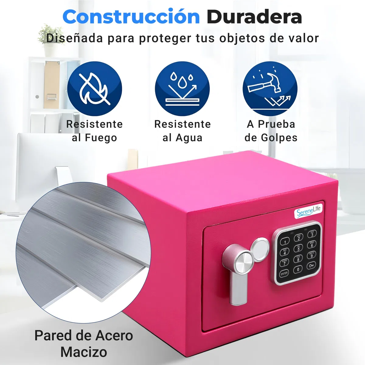 SereneLife, caja fuerte digital, De acero premium, Almacenamiento seguro para efectivo, Armas, Joyas, Ideal para hoteles, Gabinetes y uso domestico, Acceso electronico y mecanico, 2 llaves