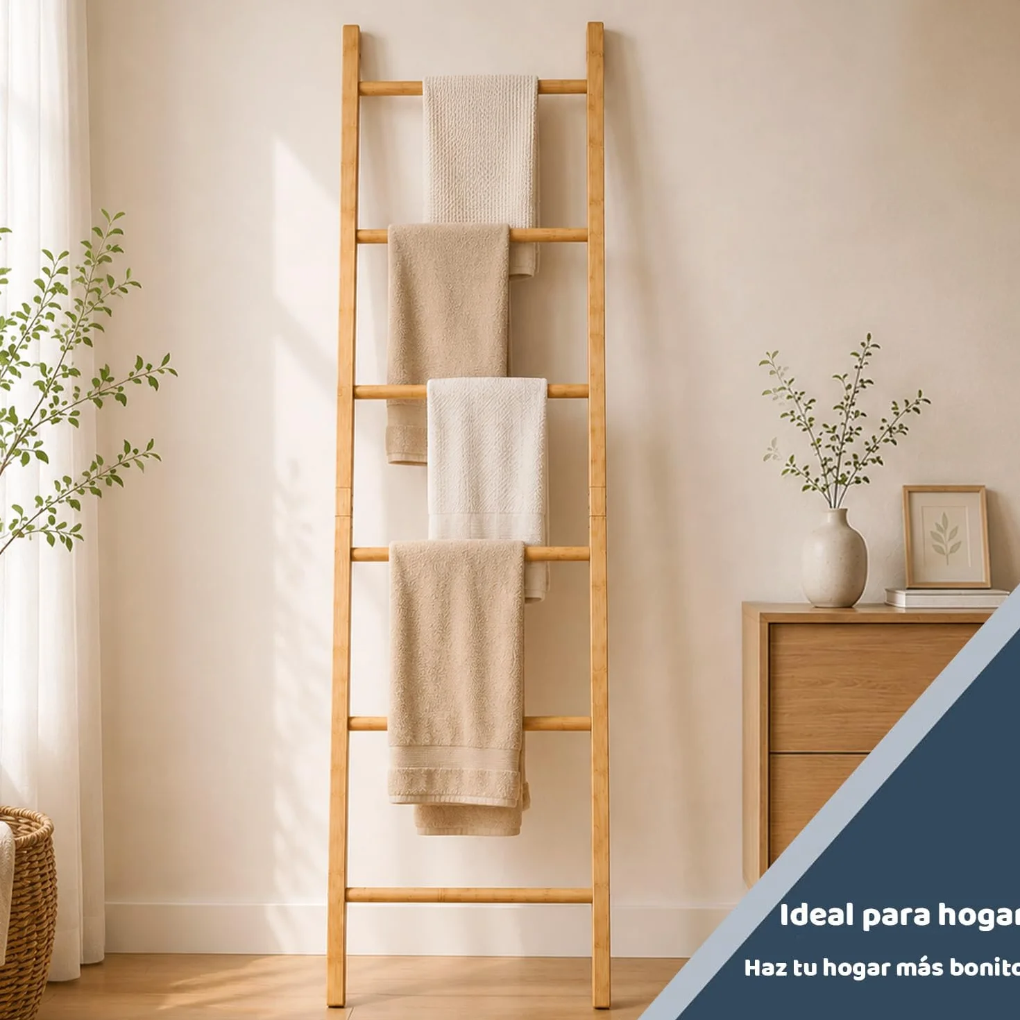 Toallero Escalera de 6 Niveles de Bambú, Estantería Inclinada, 192x50x3.5 cm para Baño Hogar