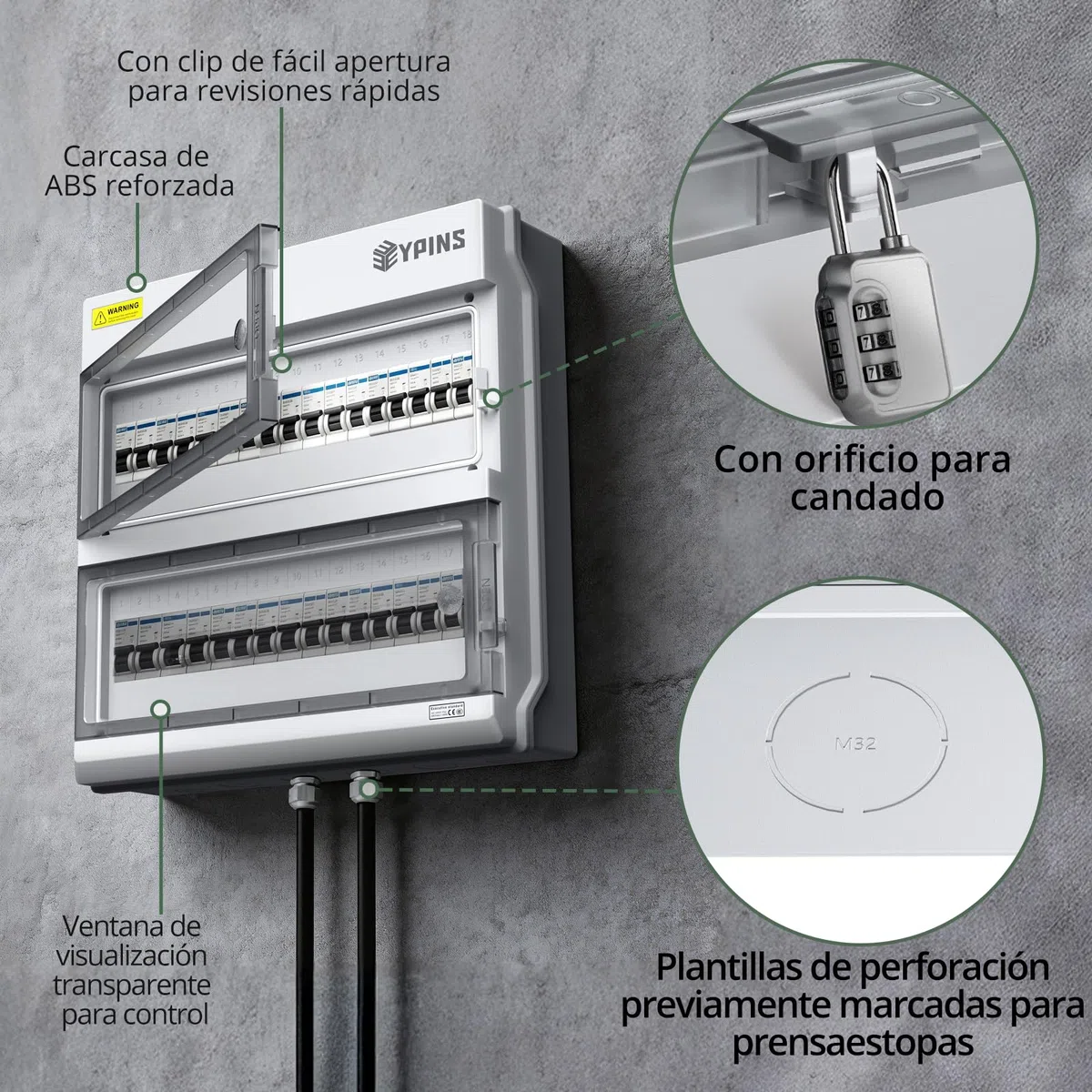 EYPINS Caja Estanca Exterior Electrica 2 Filas 36 Módulos, Caja de Distribución de Superficie de Apertura Horizontal,Carcasa Aleación de PC, IP66 Impermeable y Antipolvo para Taller Jardín Obra