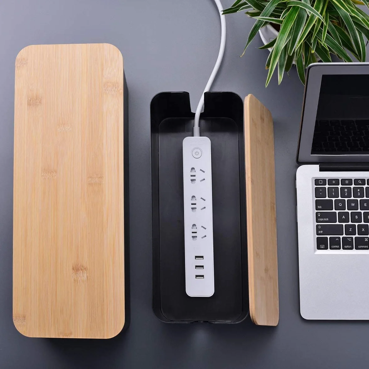 Caja Organizadora Cables con Tapa de Madera, 3 Piezas, Negra con Bridas, para Regletas Router Escritorio