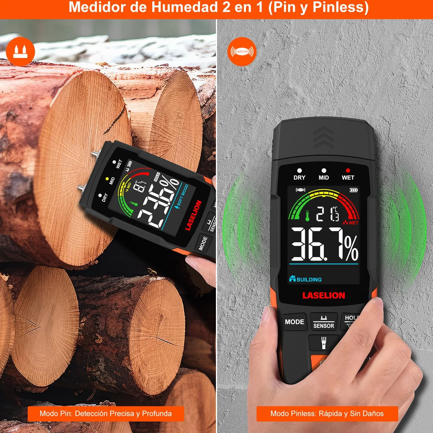LASELION Medidor de Humedad 2 en 1 - Detección 0-40mm, Con y Sin Agujas, Higrómetro Humedad con Preciso para Madera, Hormigón y Construcción - Pantalla LCD, Linterna - MS03