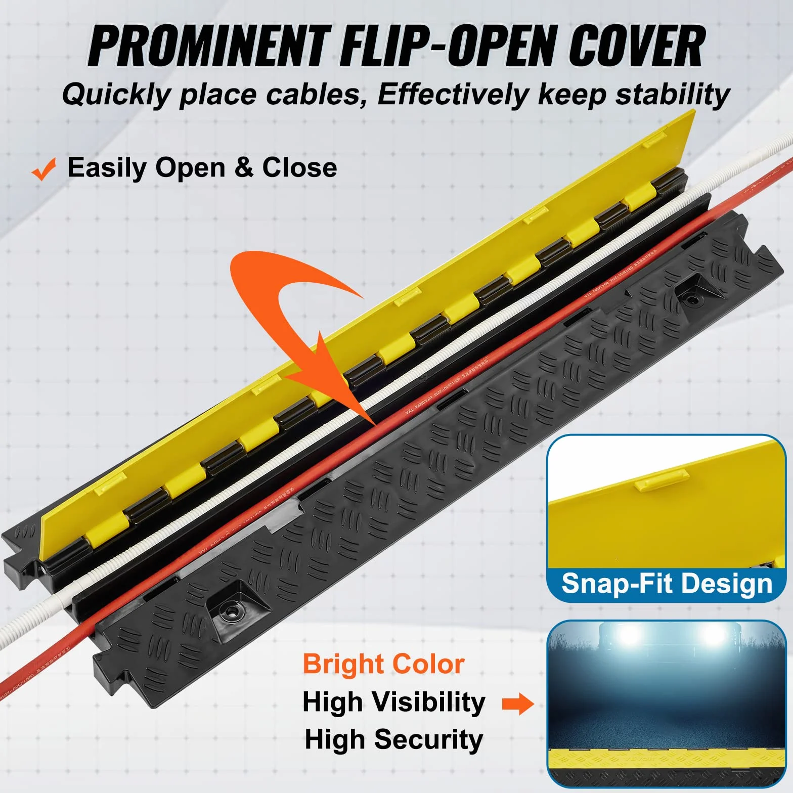 VEVOR Rampa de Protección de Cable 1 Pieza 2 Vías Canaleta Pasacables de Suelo 3,05 x 2,79 cm Protector de Cables de TPU y TPR Carga de 10,000 kg/Eje Cubiertas de Suelo para Cables Negro y Amarillo