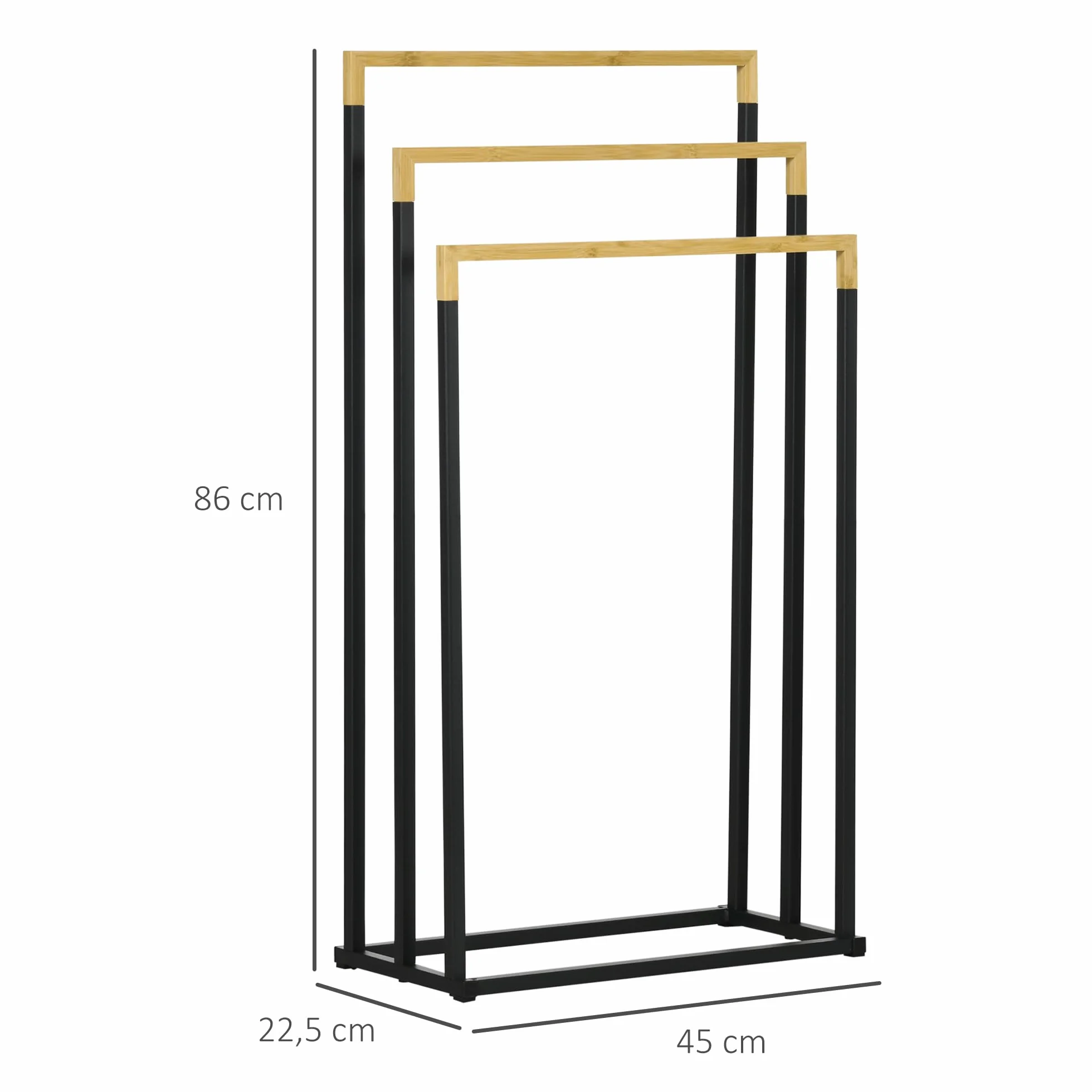 Kleankin Toallero Escalera 3 Niveles con 3 Barras de Bambú y Marco de Acero para Baño 45x22,5x86 cm Negro y Natural