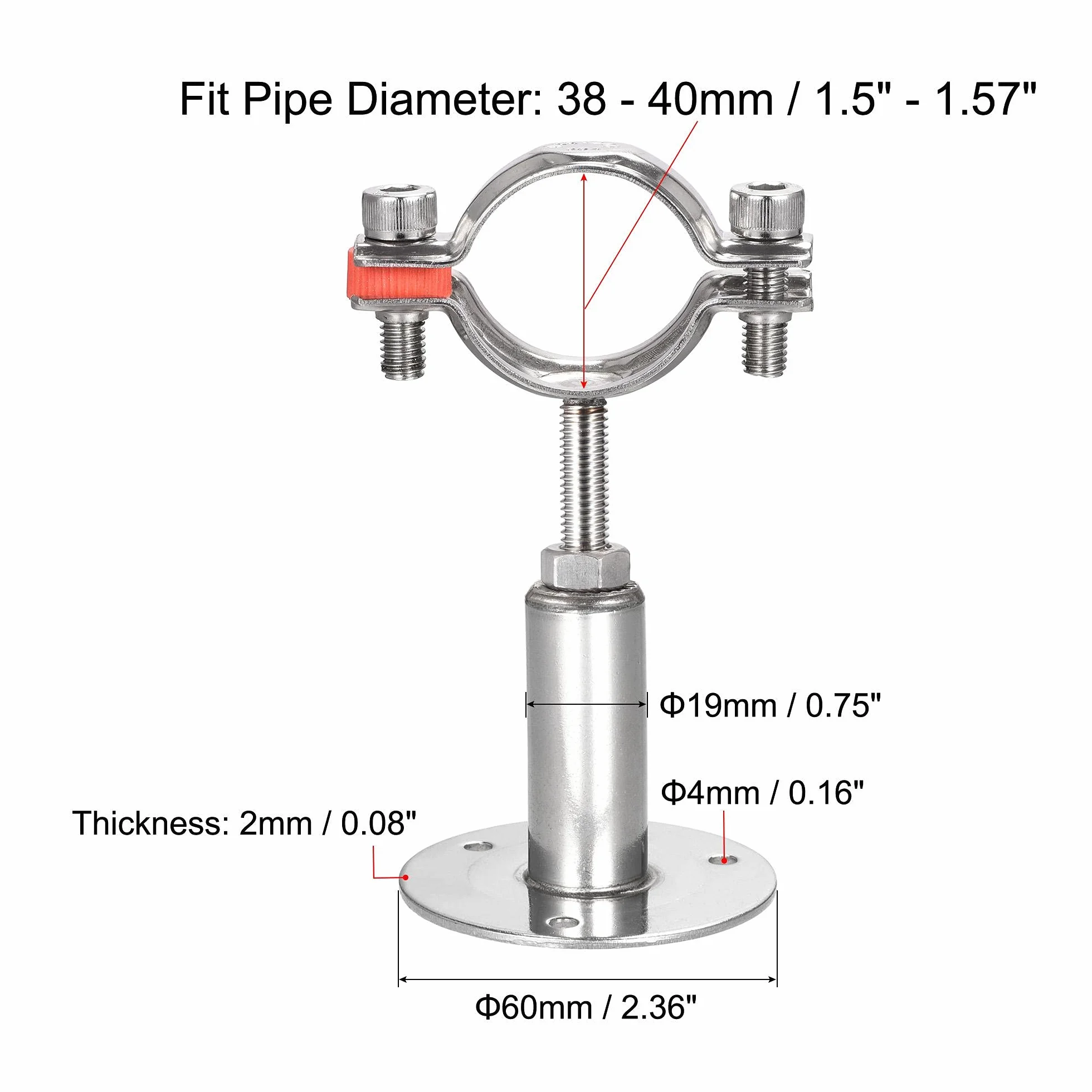 sourcing map Pared Montaje Techo Montaje Tubo Soporte, 304 Inoxidable Acero Ajustable Tubo Soporte Abrazadera para 38-40mm Tubo 2 Piezas