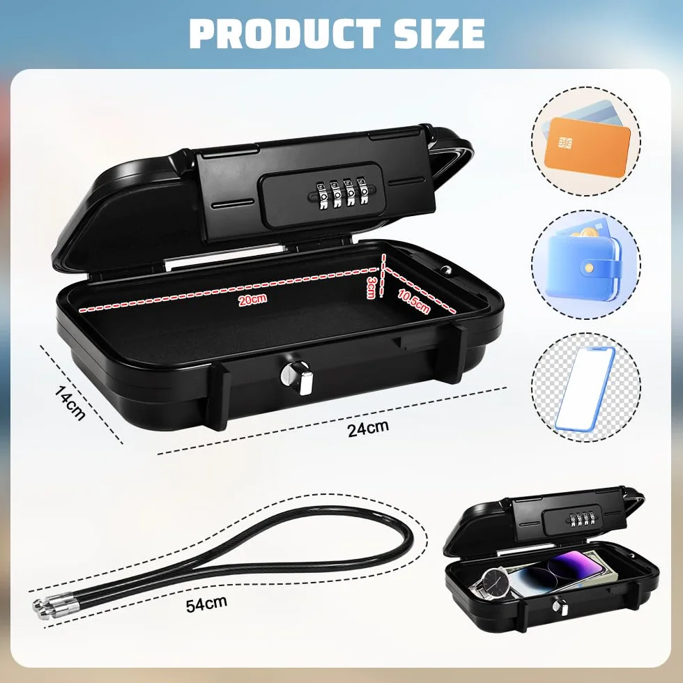 Caja Fuerte Pequeña Portátil con Cable de Acero, Código Impermeable Antirrobo Ignífuga para Viajes