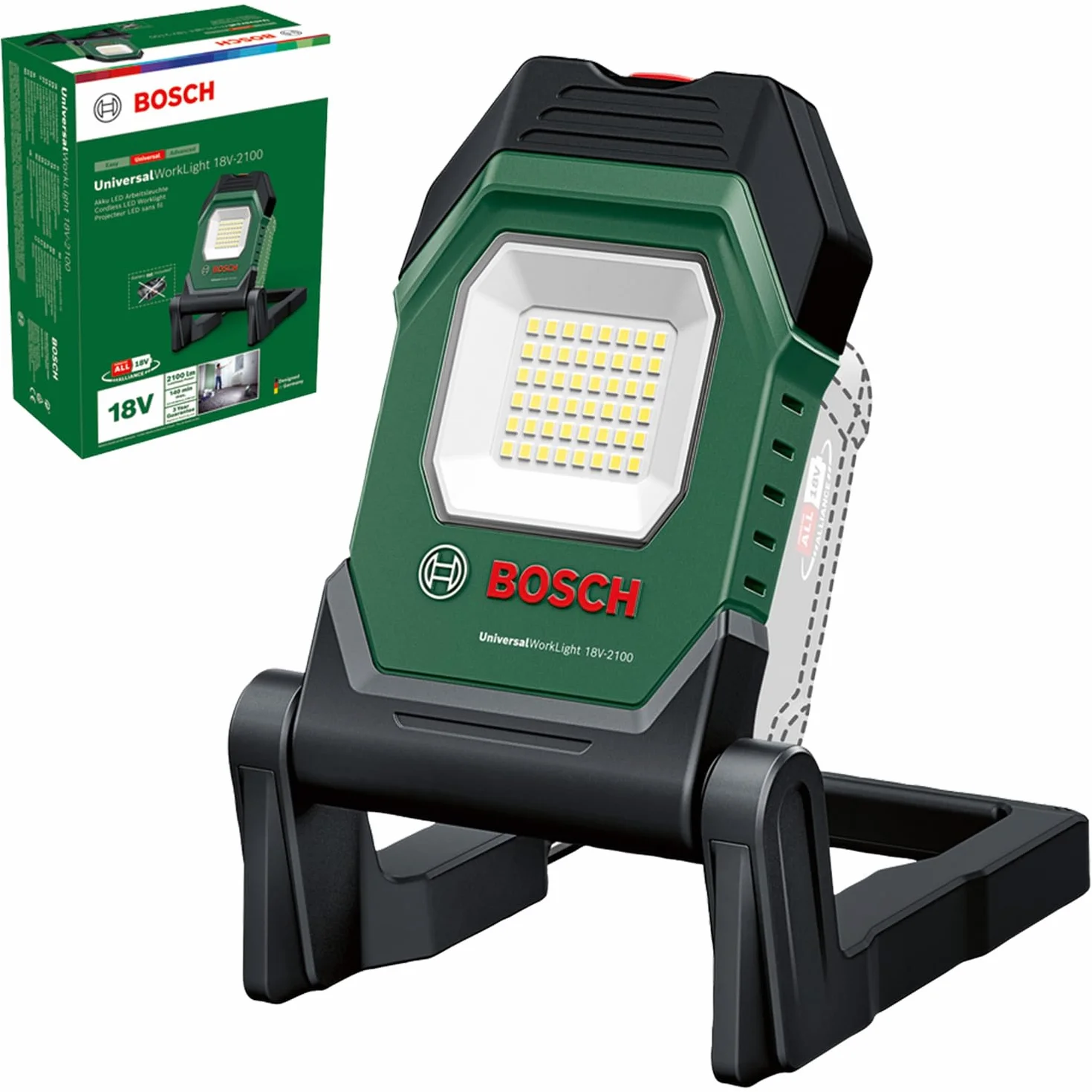 Bosch Luz de trabajo LED/ lámpara de construcción/foco portátil UniversalWorkLight 18V-2100 (máx. 2100 lúmenes, 3 niveles de ajuste de brillo, cabezal plegable con 10 posiciones; sin batería)