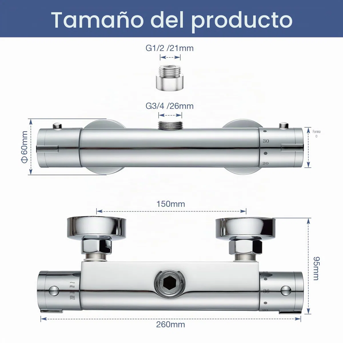 Mezclador termostático de ducha con salida superior G3/4, válvula mezcladora termostática de latón para ducha con barra antiquemaduras, mezclador de agua caliente y fría con control de temperatura
